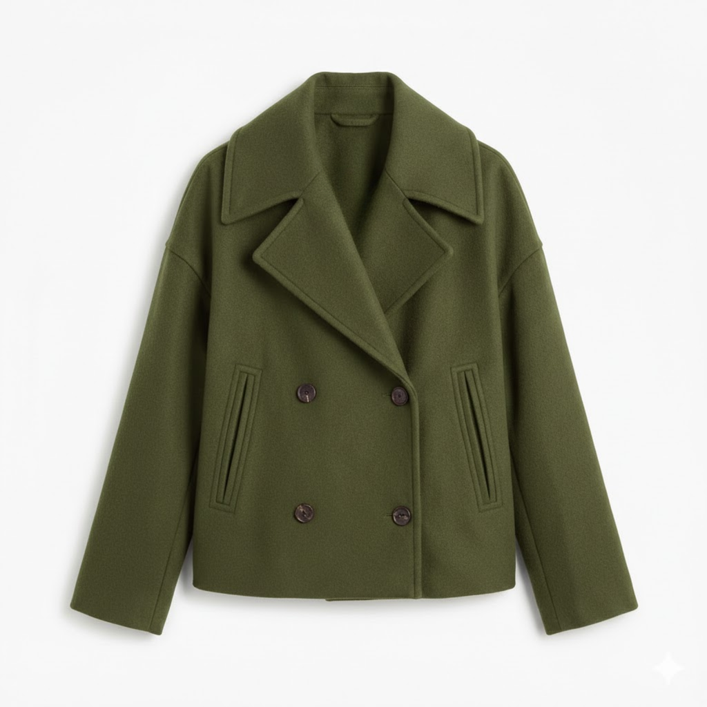 Short wool coat for women with double-breasted front and relaxed lapel collar
