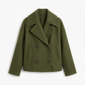 Short wool coat for women with double-breasted front and relaxed lapel collar