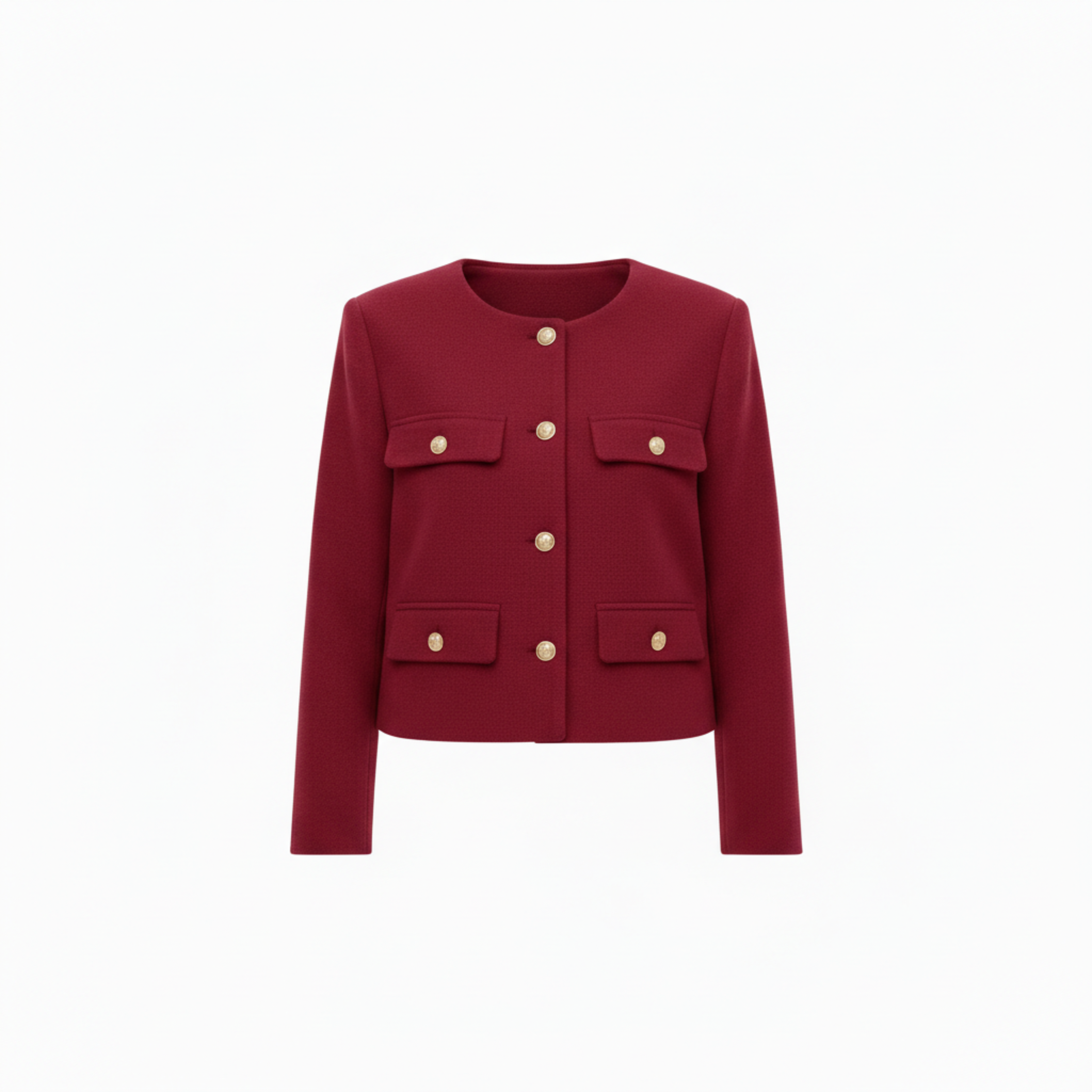 Polyester Round Neck Jacket with Gold Buttons and Pockets for Women