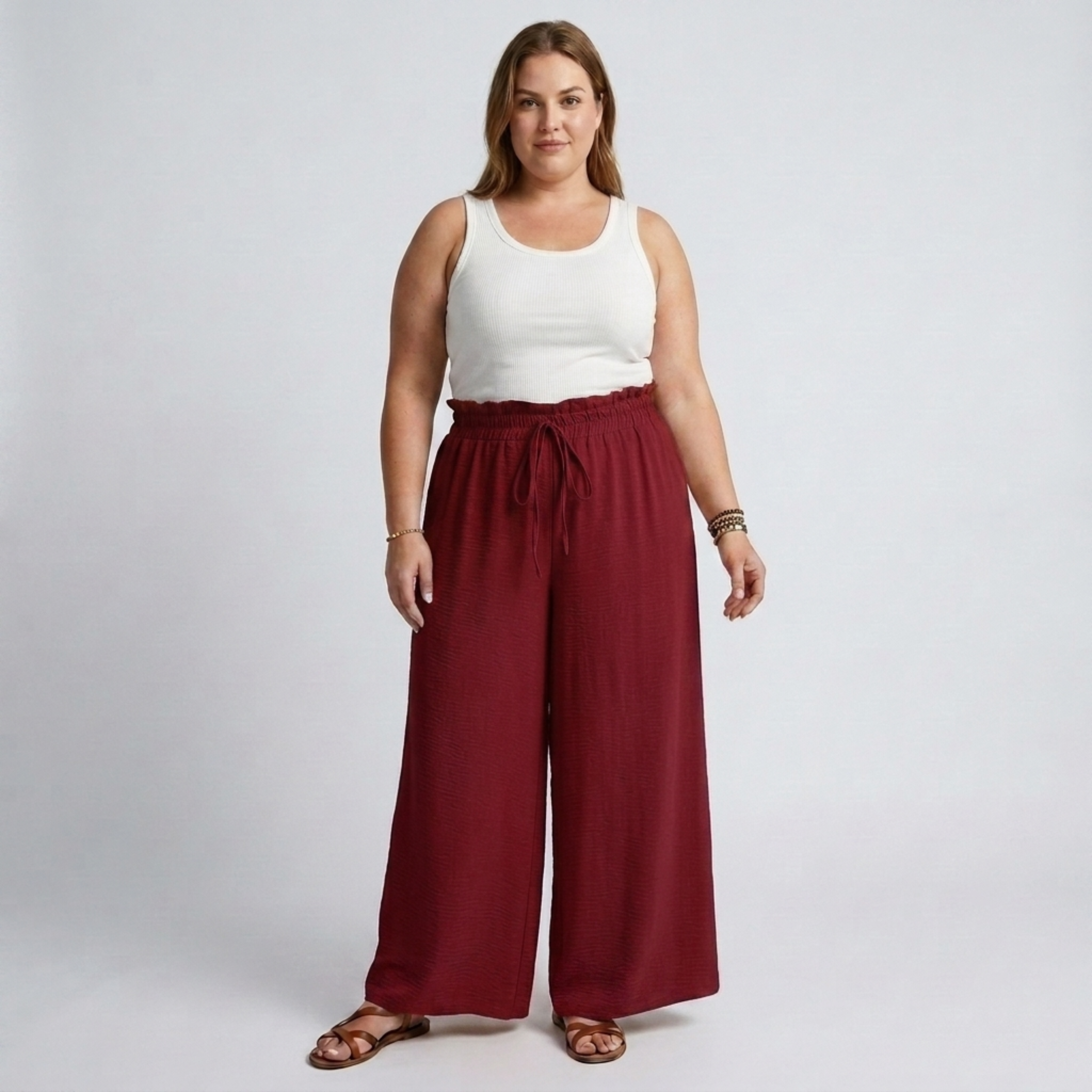 Wide large size pants for women with elastic waistband and drawstring