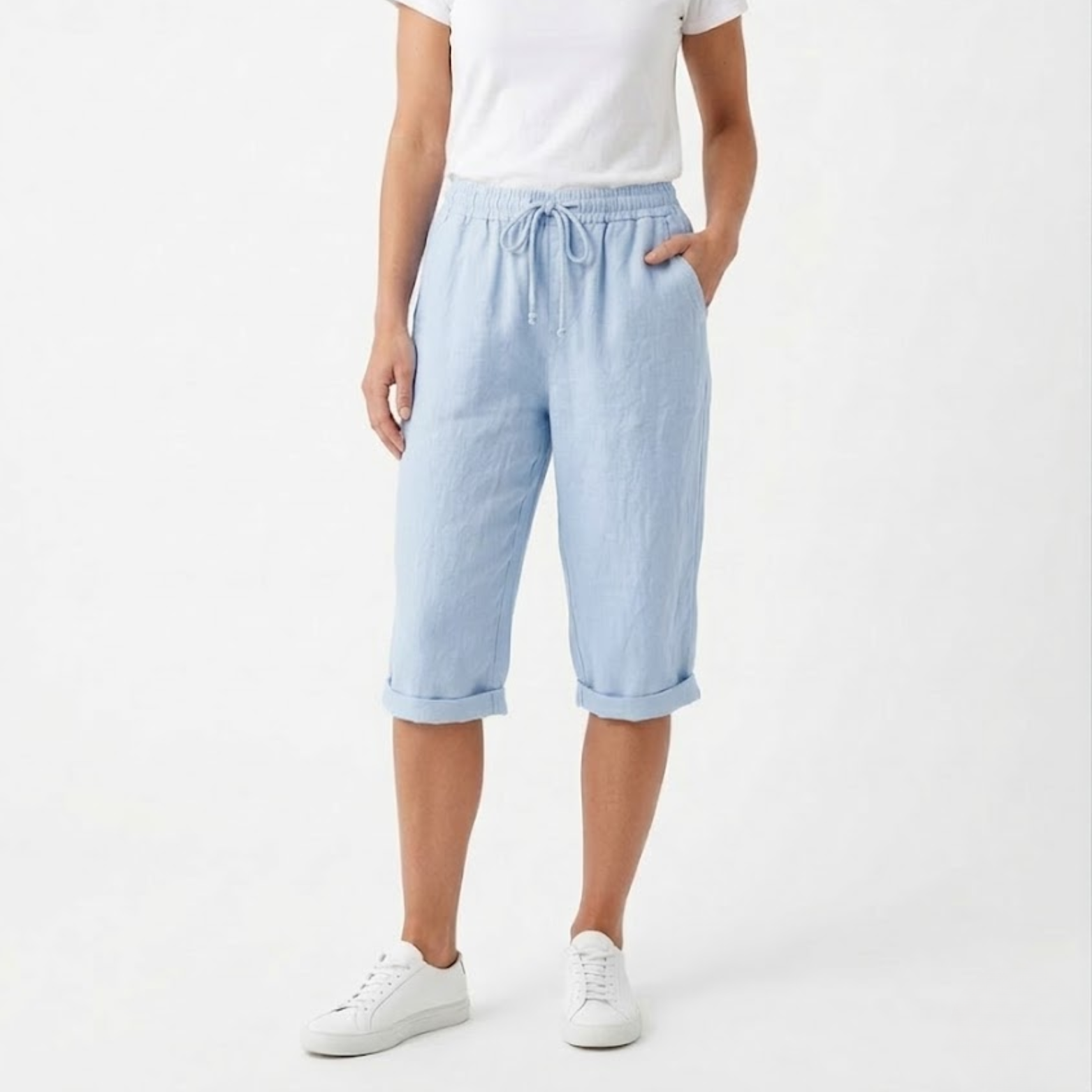 Cotton and Linen Shorts with Elastic Waist and Pockets for Women