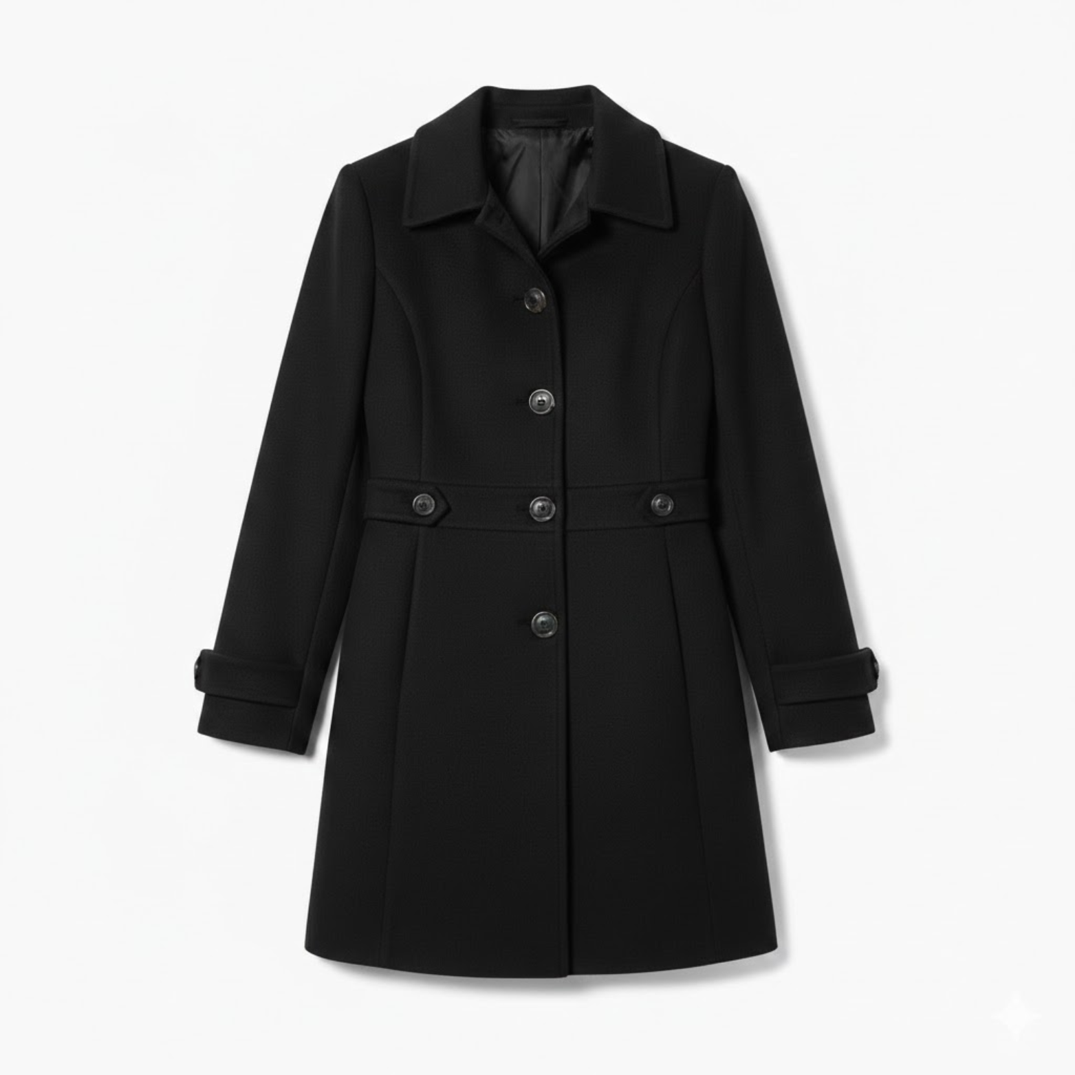 Mid-length wool coat with tailored collar and multiple buttons