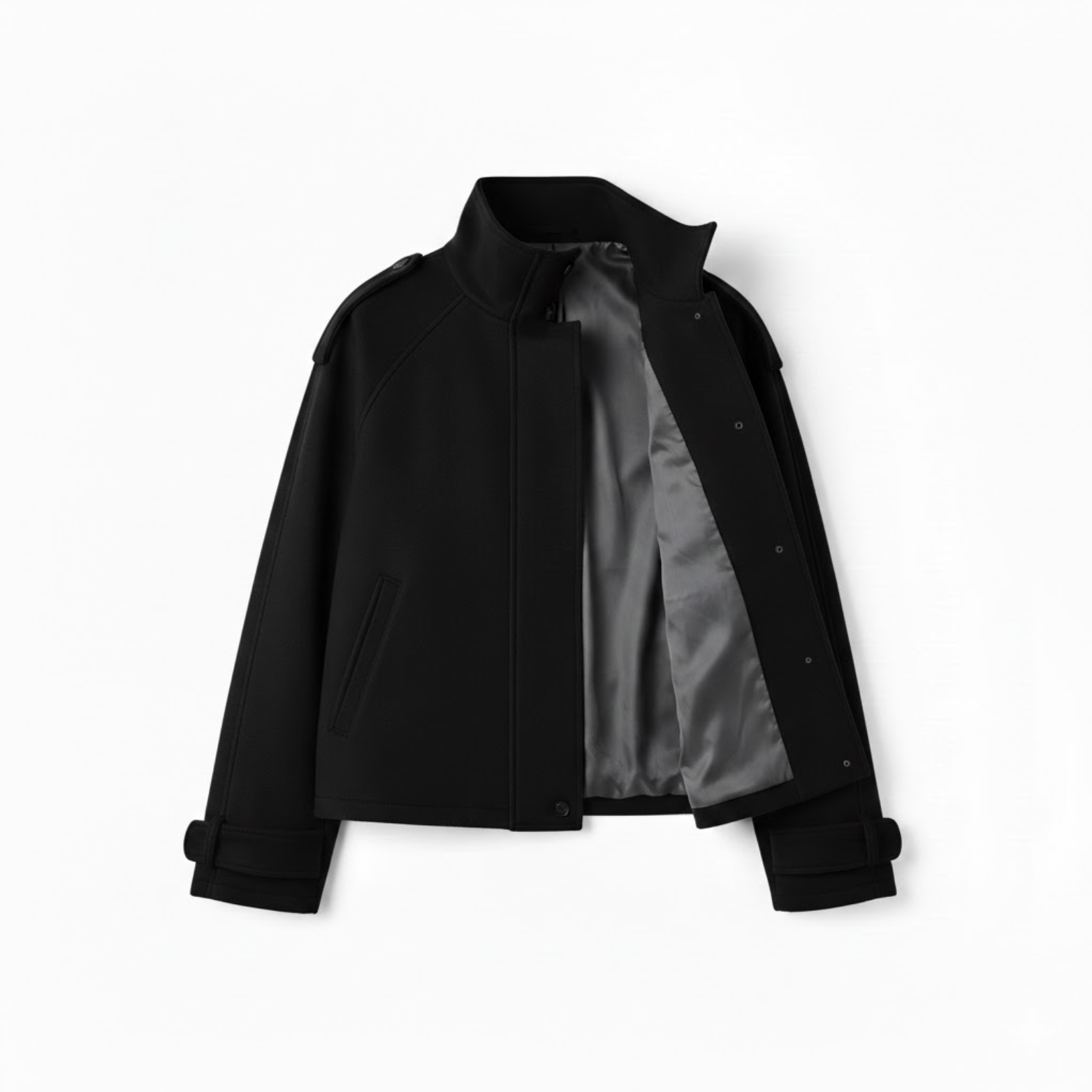 Short wool jacket for women with stand-up collar and contrasting buttons