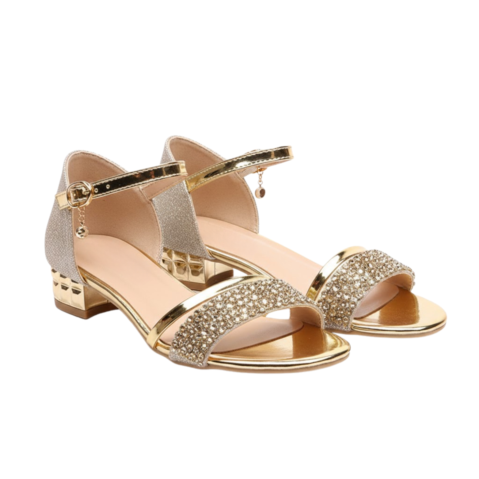Low-heeled sandals for women with ankle strap and sparkling details