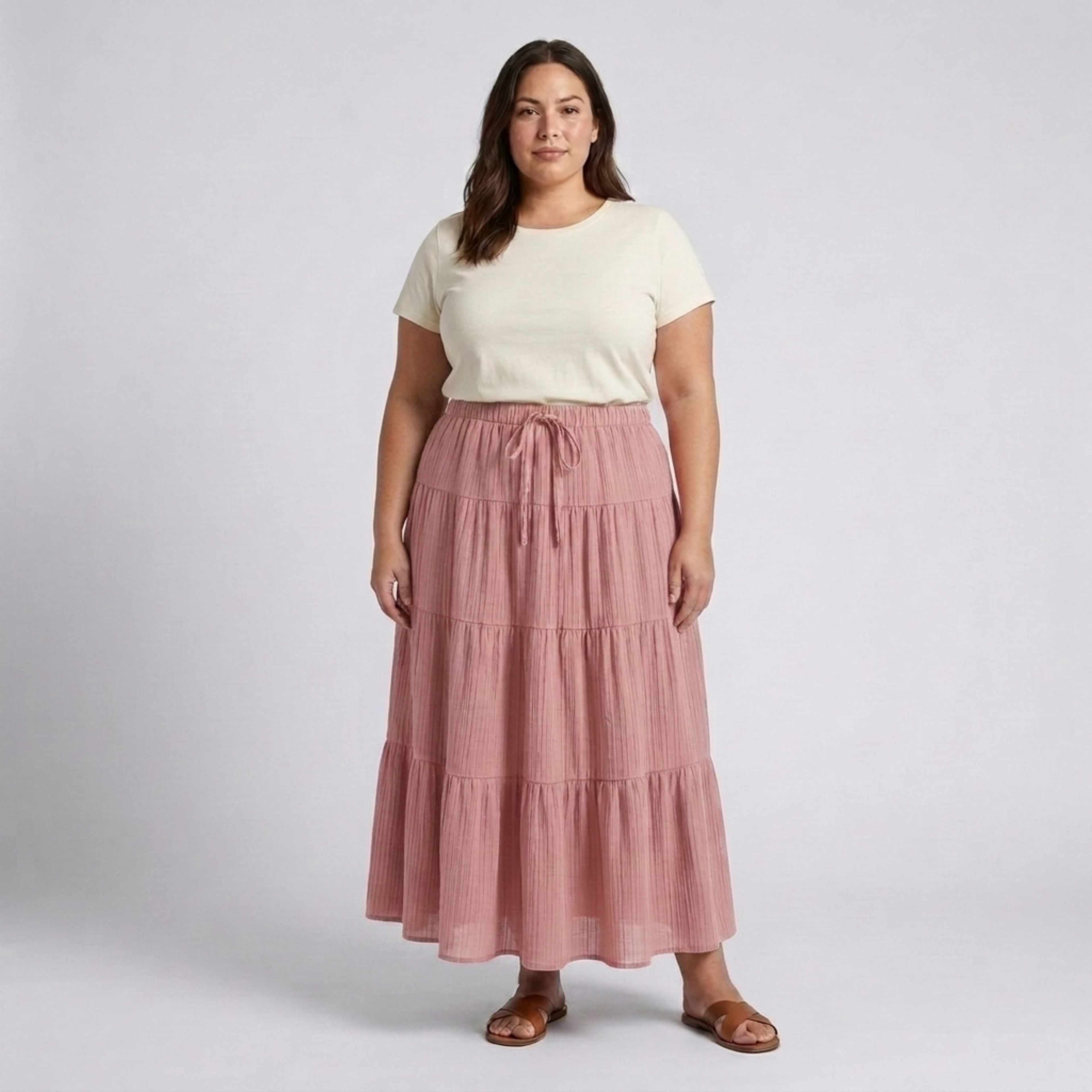 Plus size long skirt for women with panels and drawstring