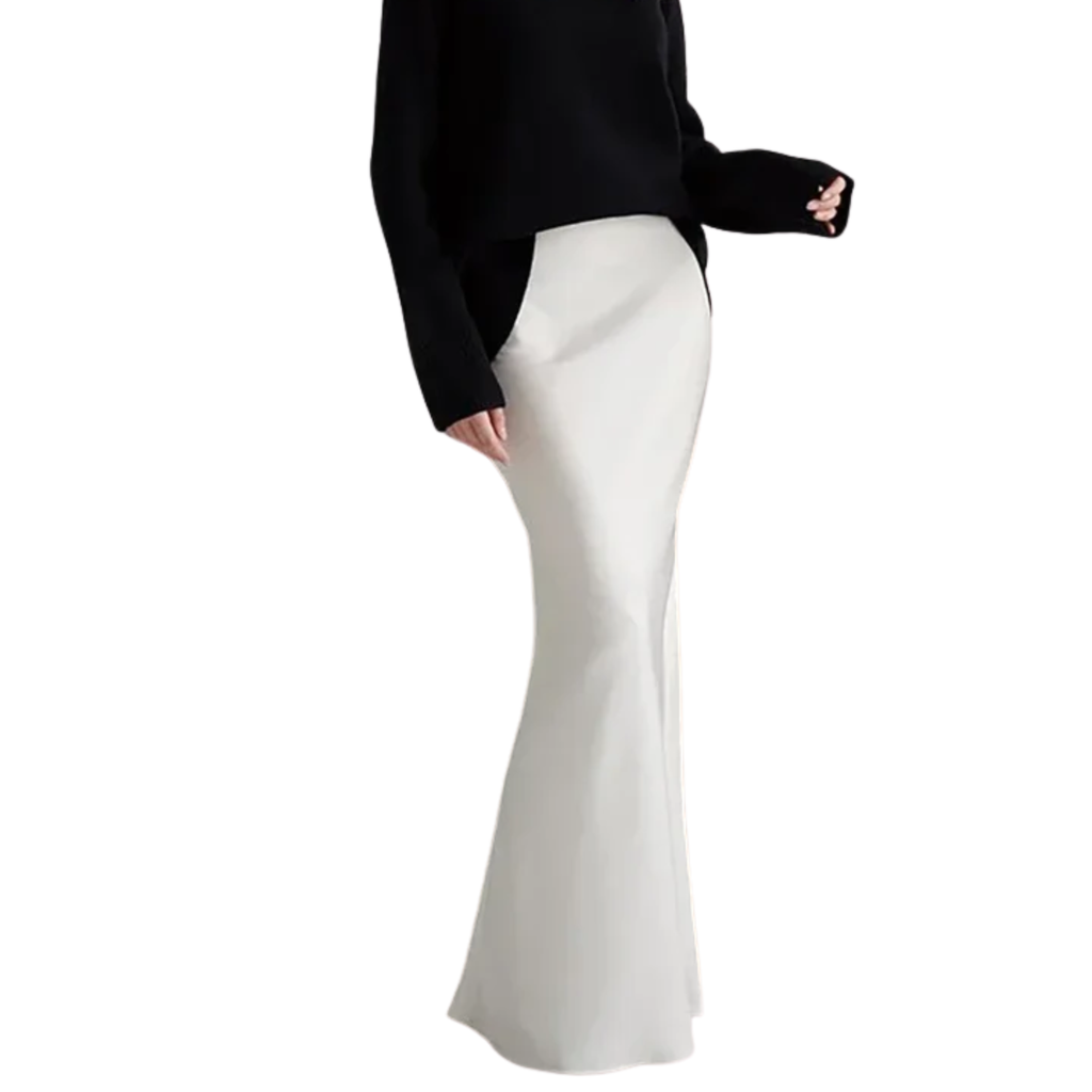 Long satin maxi skirt — high waist mermaid cut — evening wear