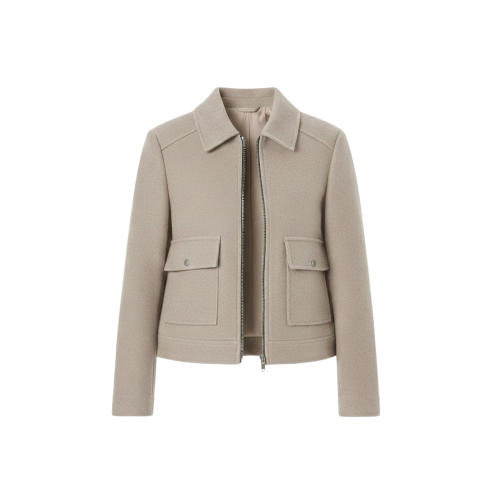 Women's short double-breasted jacket with tailored collar, stylish structured casual design