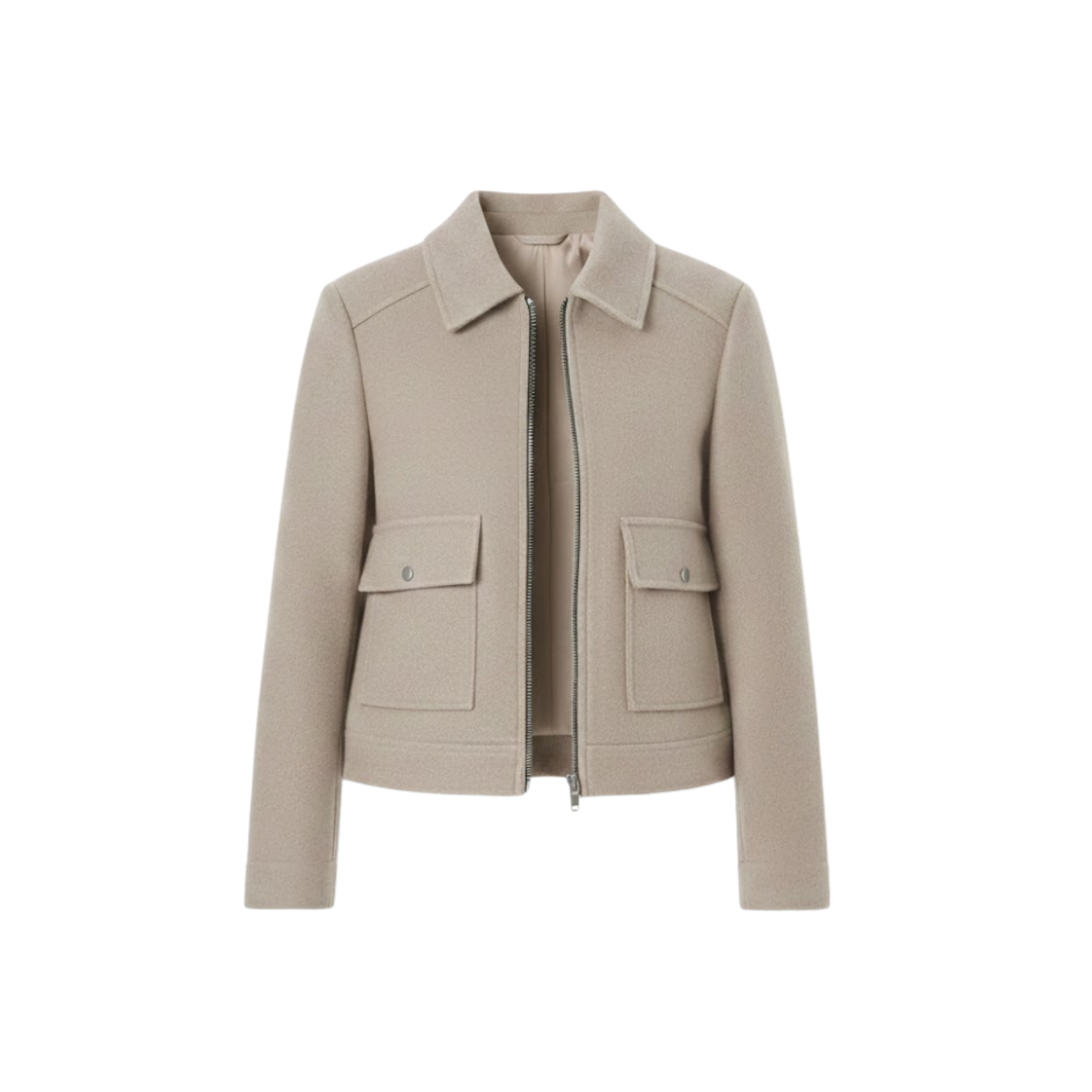 Women's short double-breasted jacket with tailored collar, stylish structured casual design