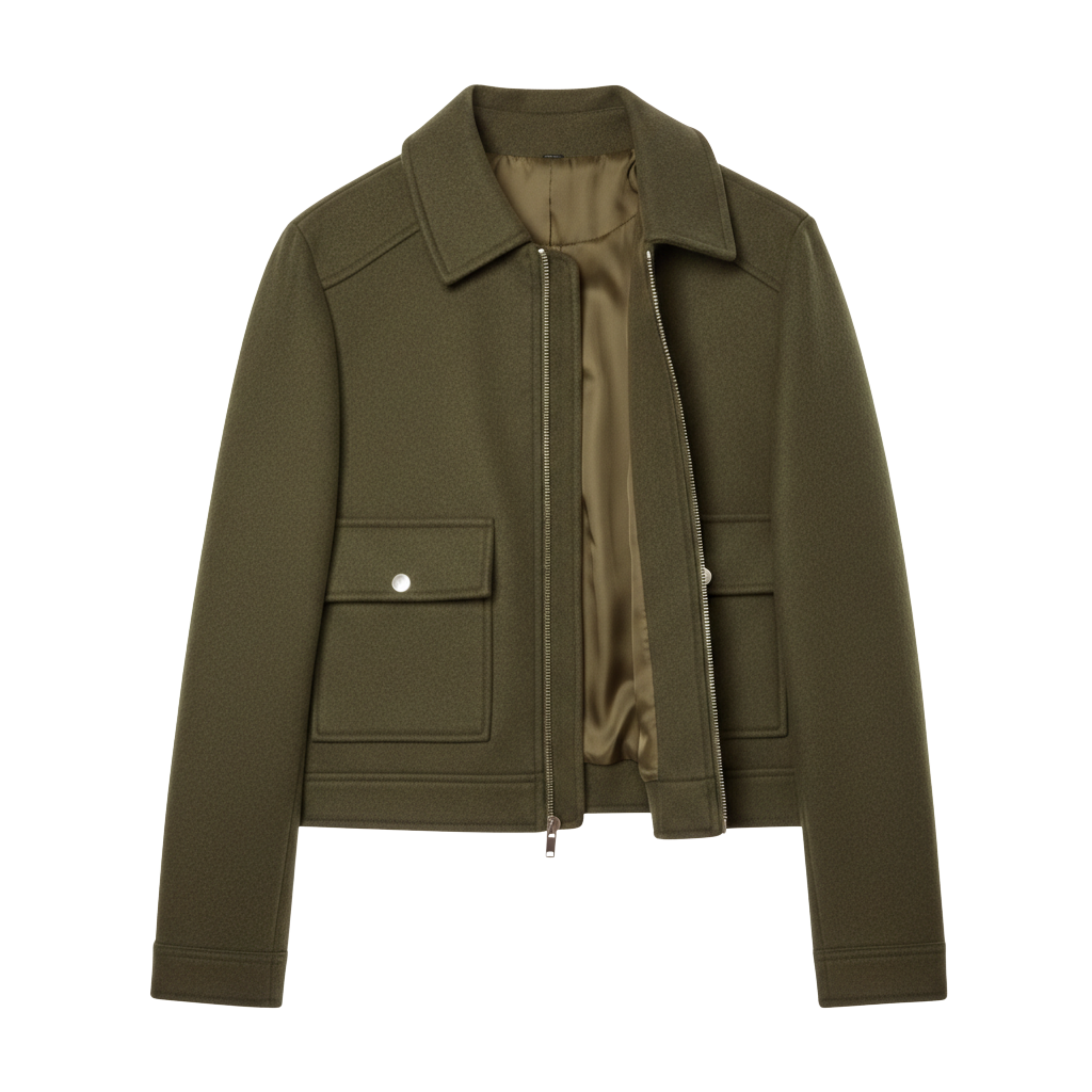 Short Polyester Jacket with Turn-Down Collar and Zipper Closure for Women