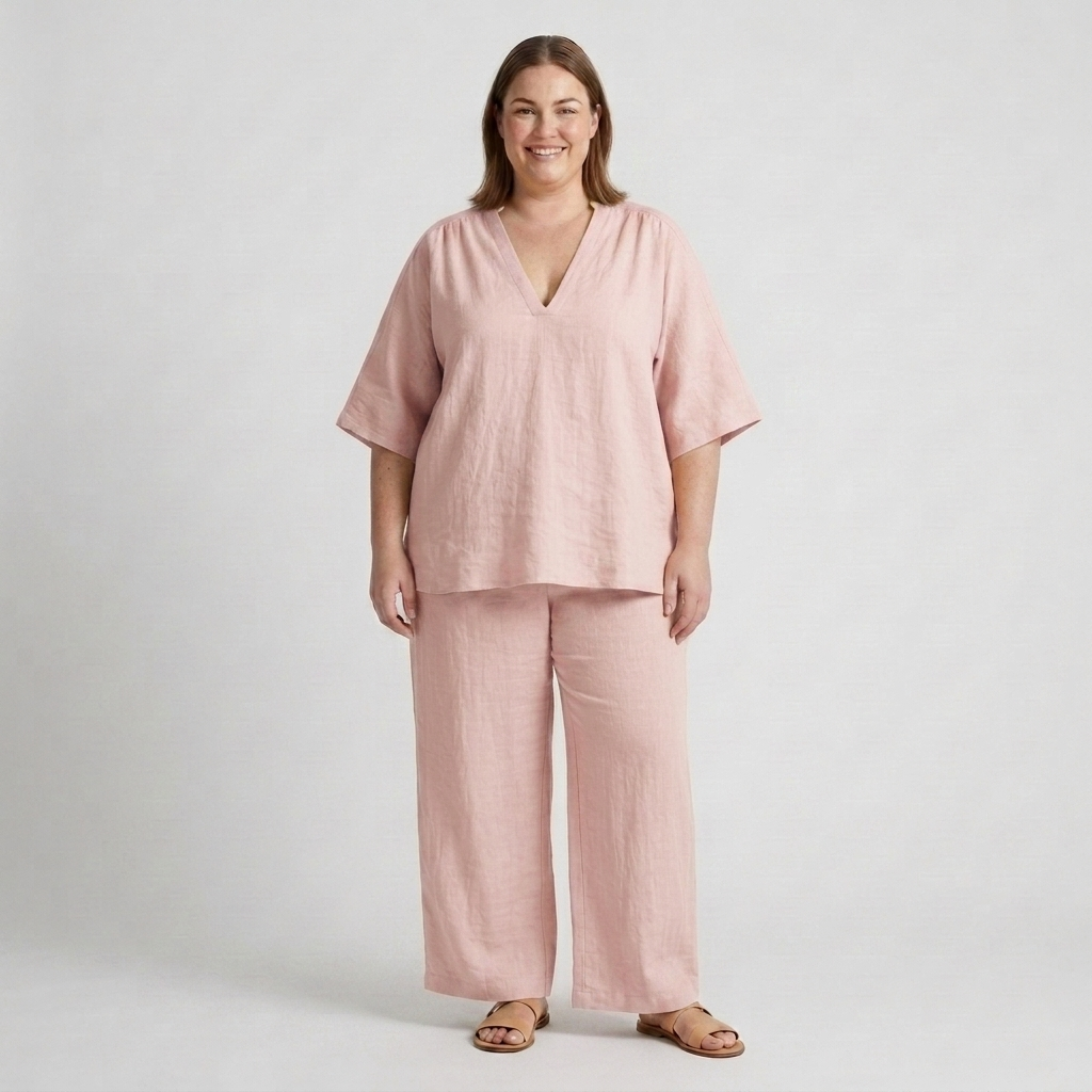 Plus size two-piece set for women with loose V-neck top and flowy pants