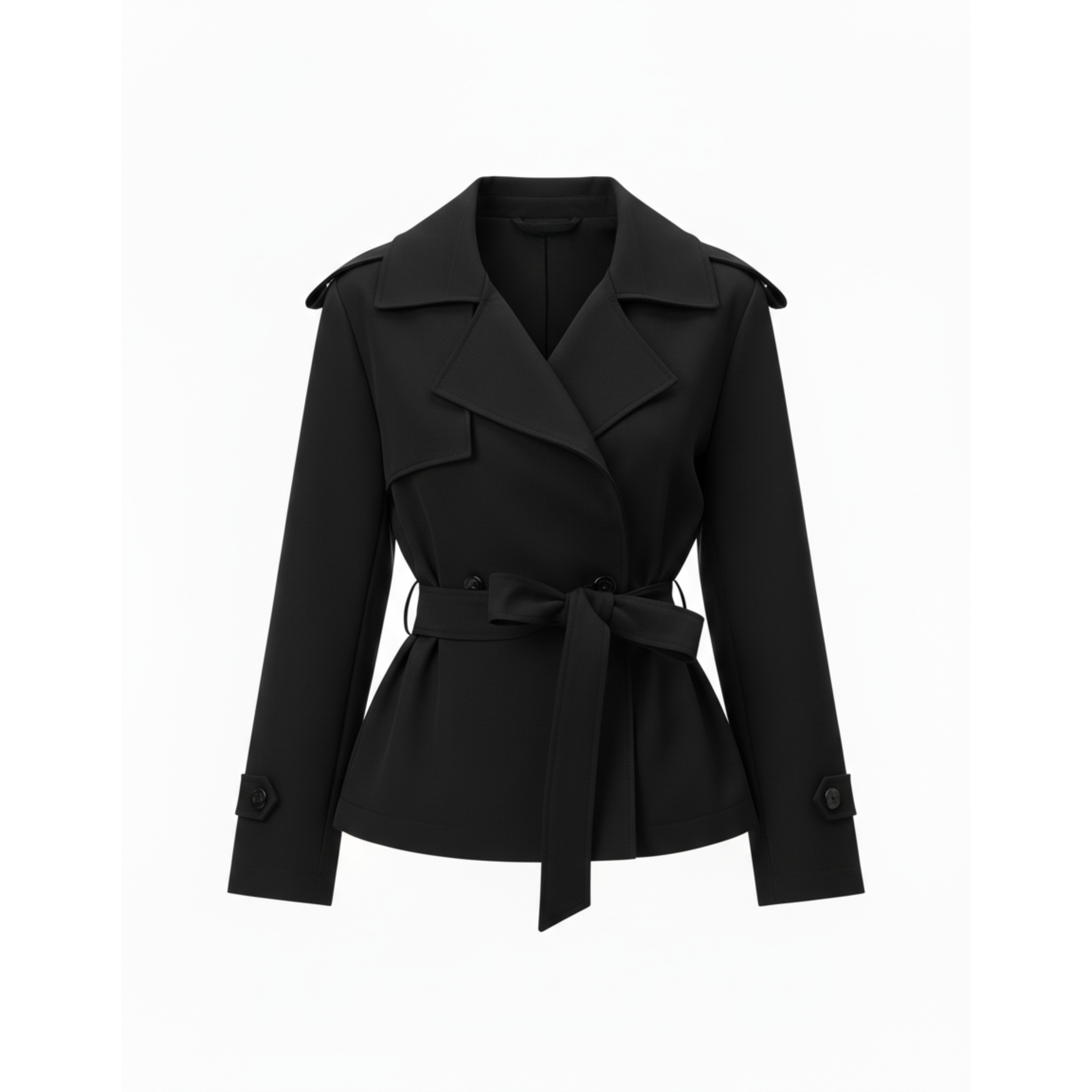 Short Polyester Trench Coat with Belt and Notched Collar for Women
