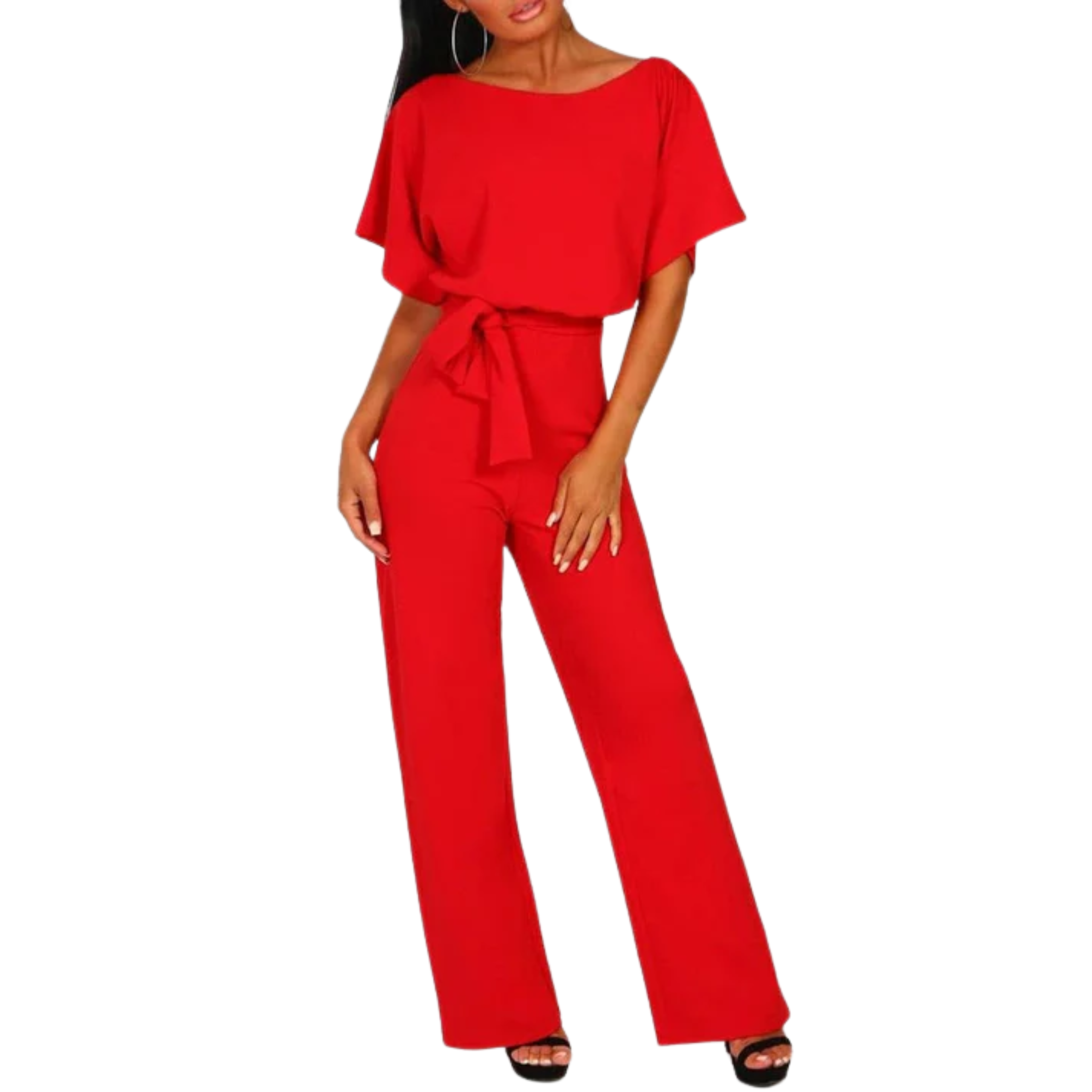 Wide-leg jumpsuit — short sleeves and belt — everyday