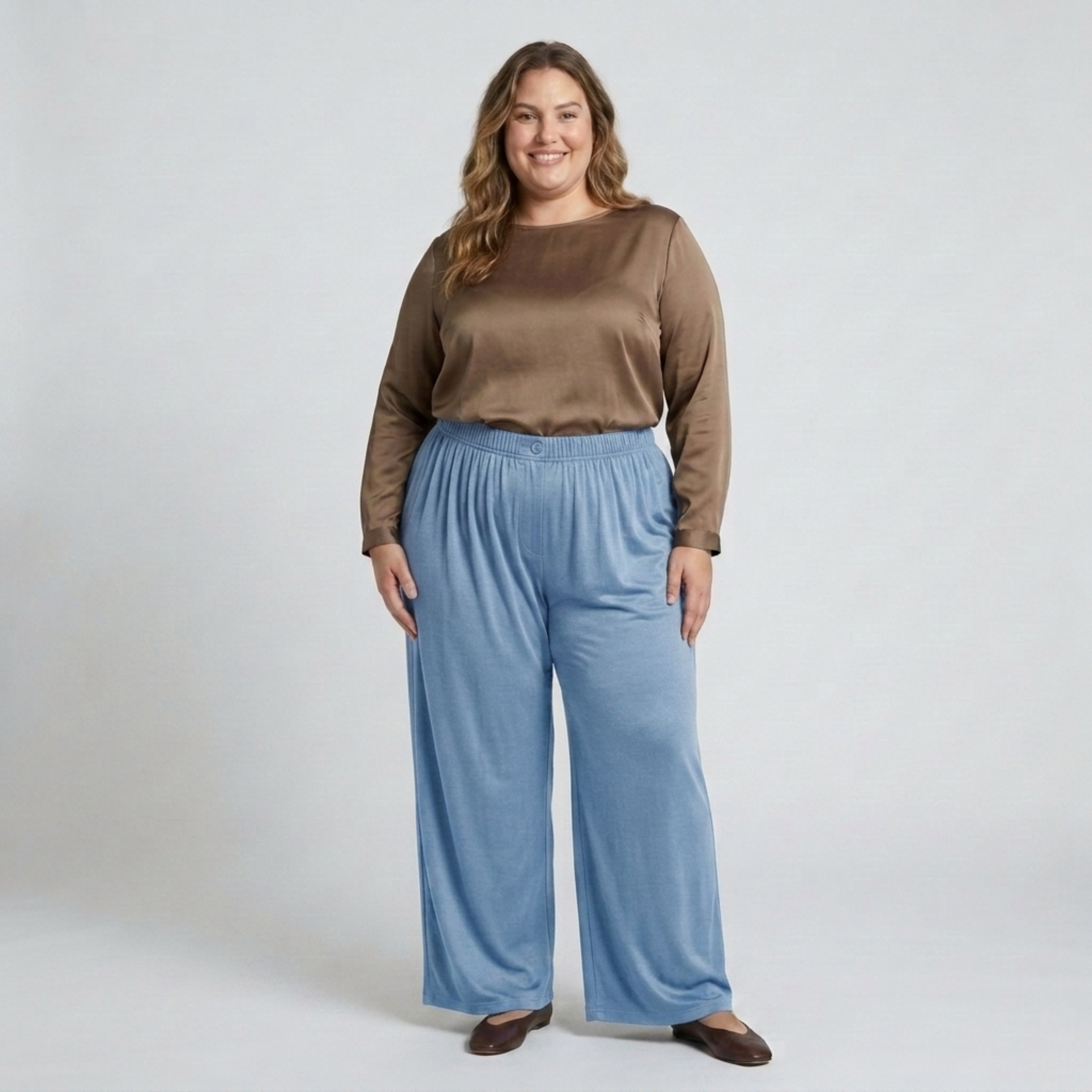 Wide large size pants for women with elastic draped fluid waist