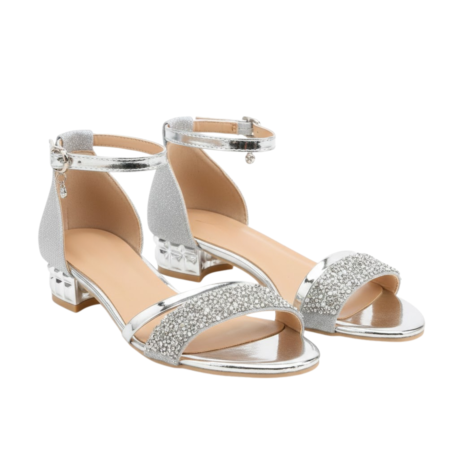 Low-heeled sandals for women with ankle strap and sparkling details