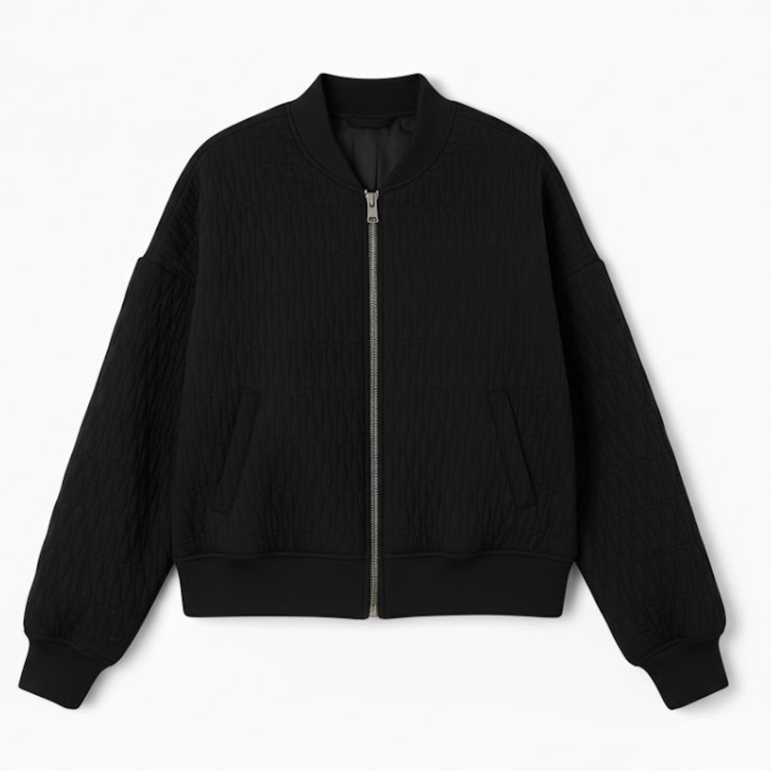 Quilted bomber jacket with stand-up collar and embossed texture