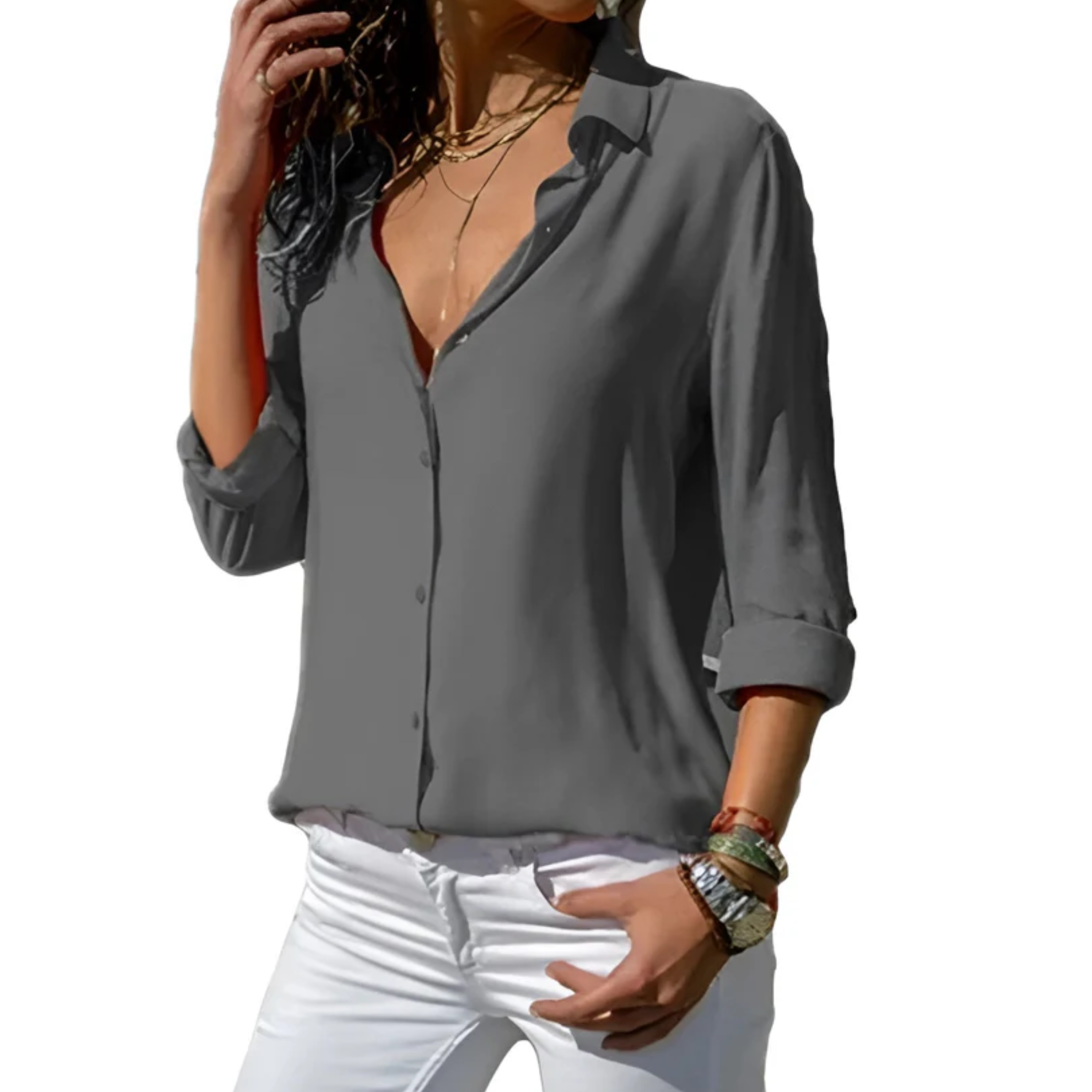 Women's fluid silk blouse — V-neck — office and evening