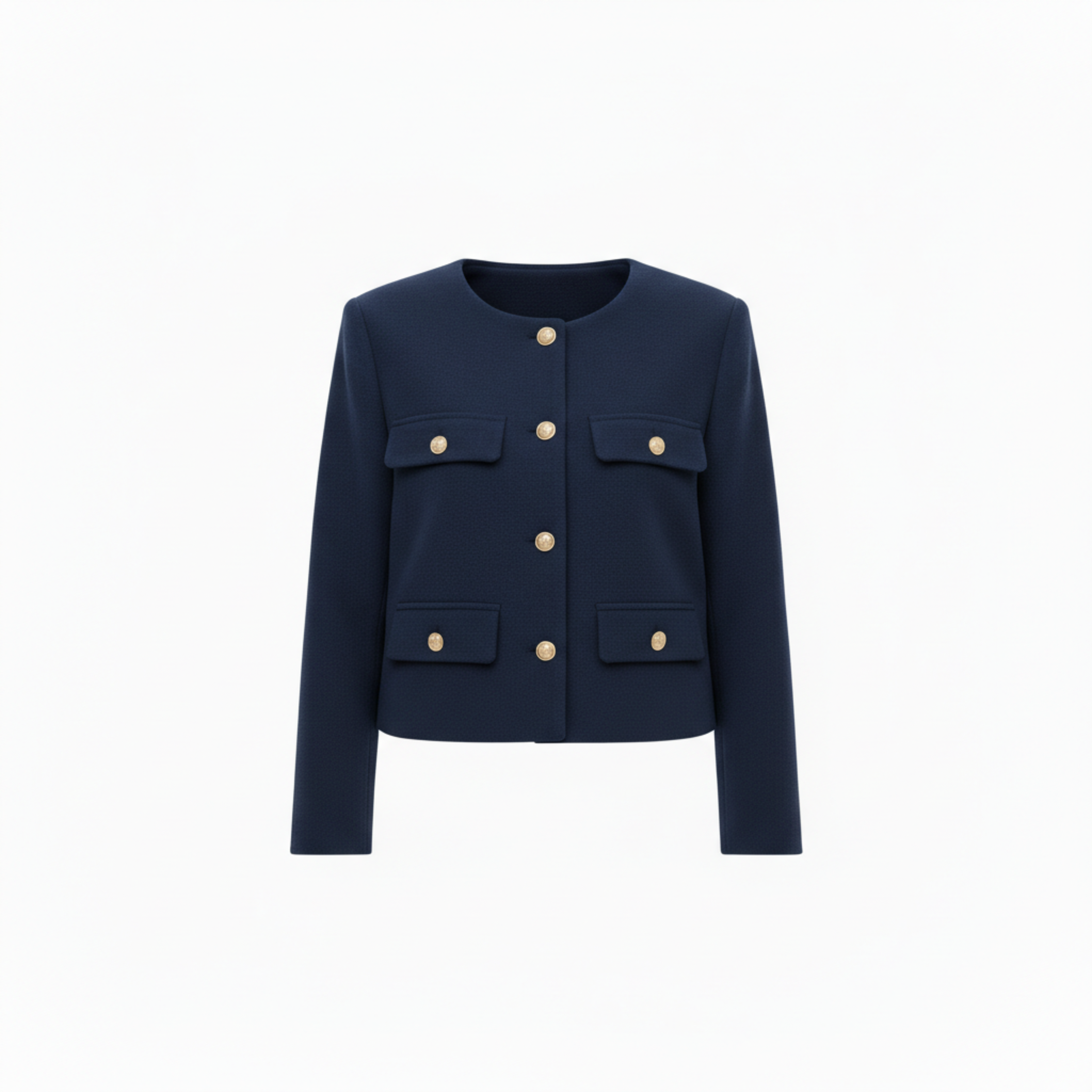 Polyester Round Neck Jacket with Gold Buttons and Pockets for Women