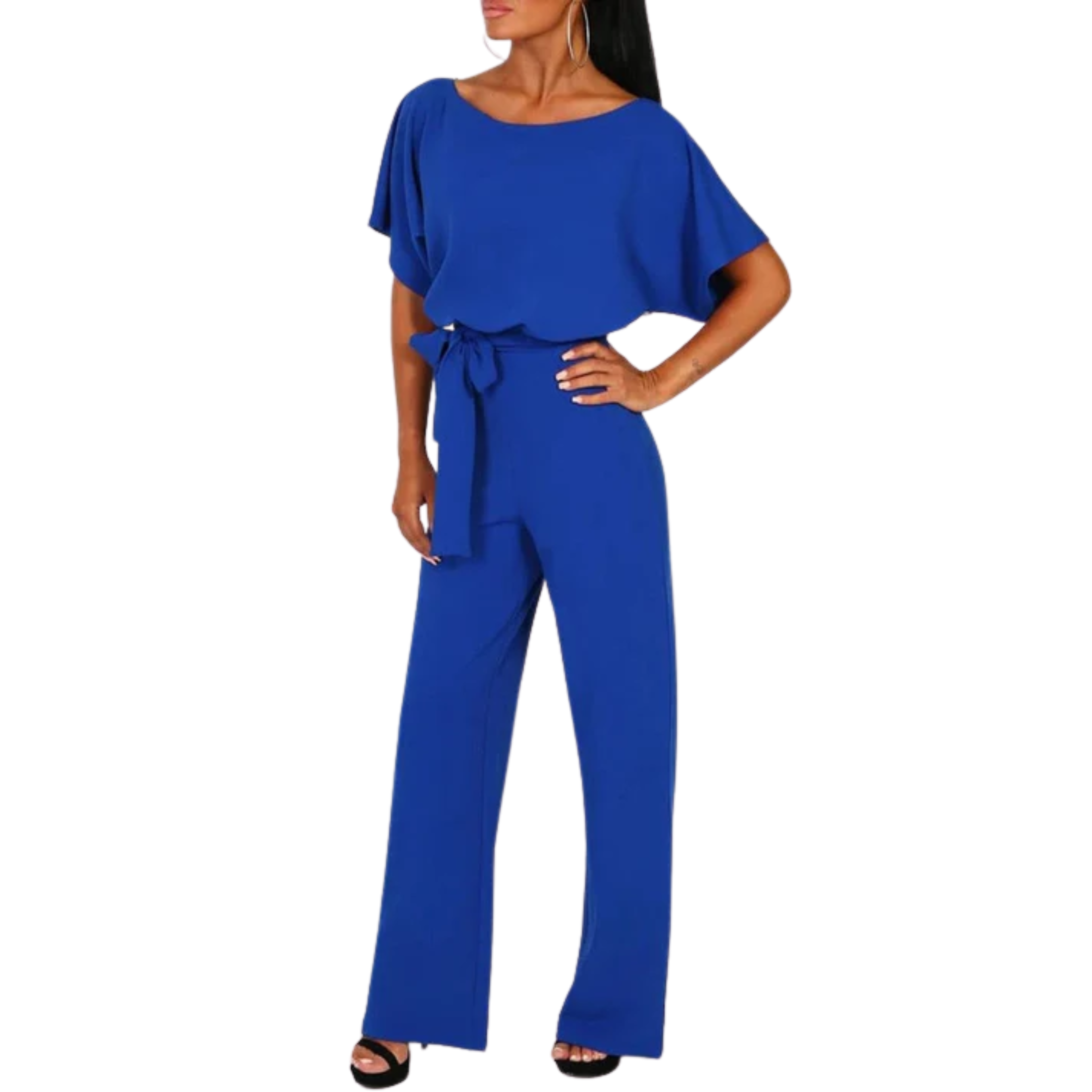 Wide-leg jumpsuit — short sleeves and belt — everyday