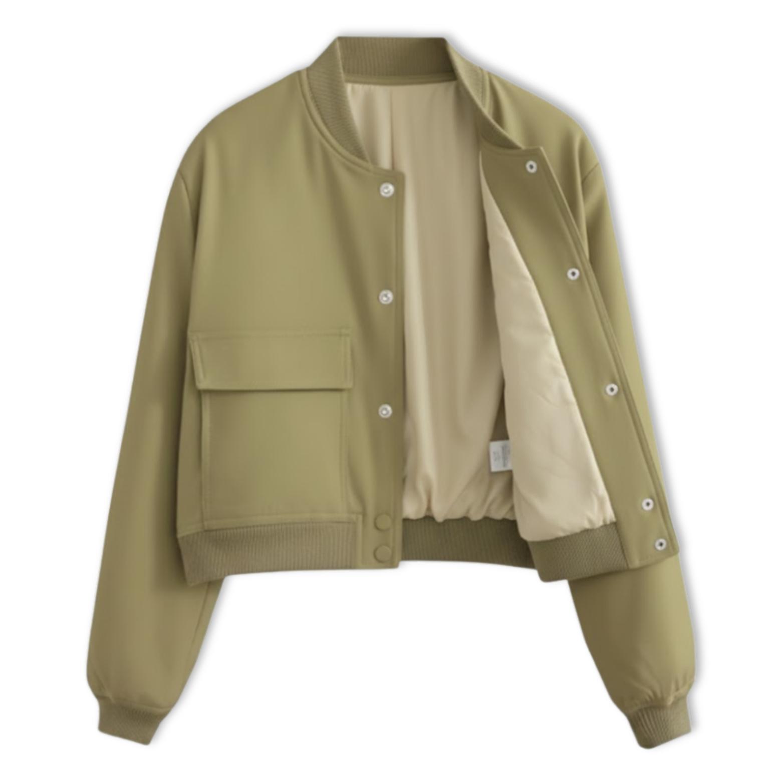 Short women's bomber jacket with snap buttons and large patch pockets