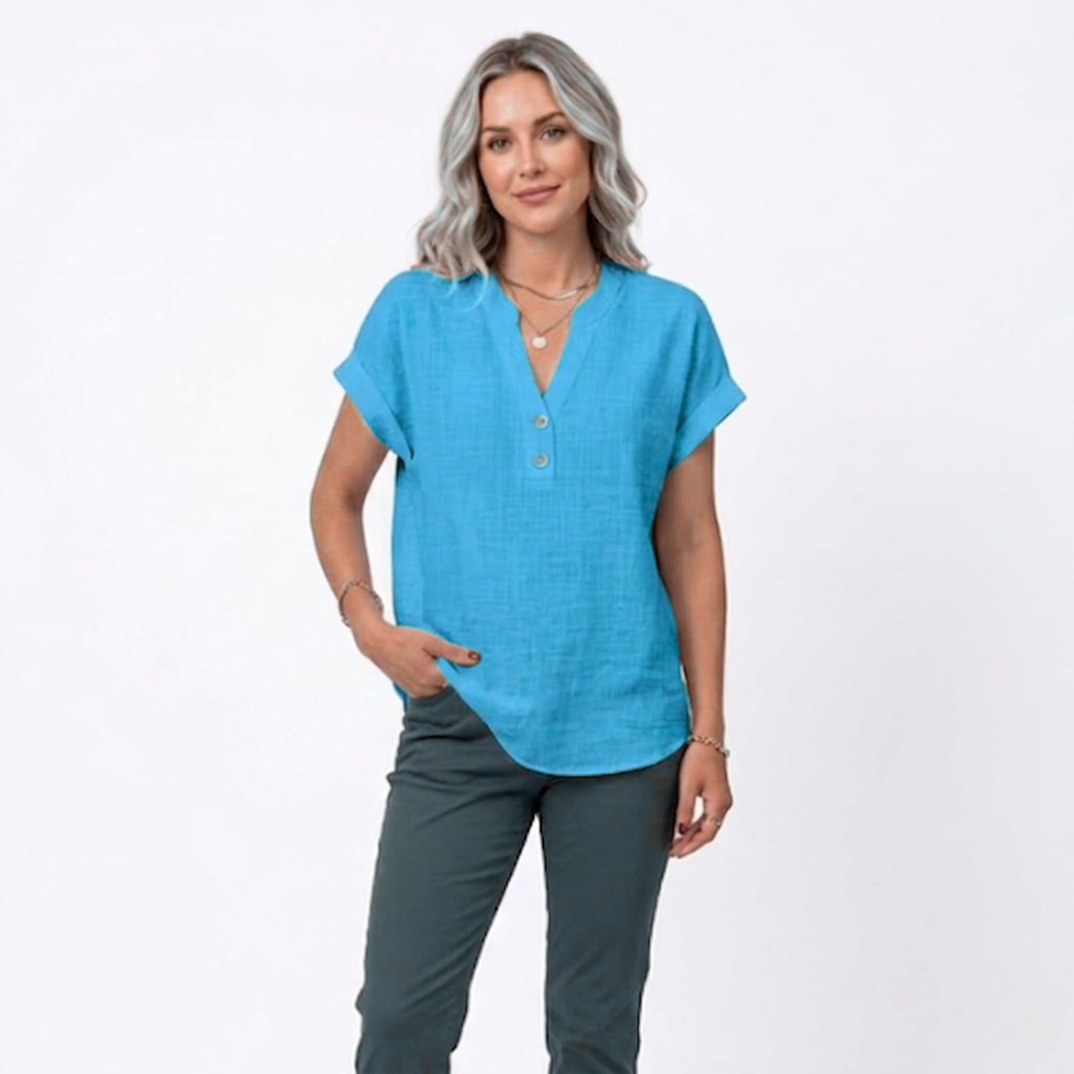 Cotton and Linen V-Neck Short Sleeve Blouse for Women