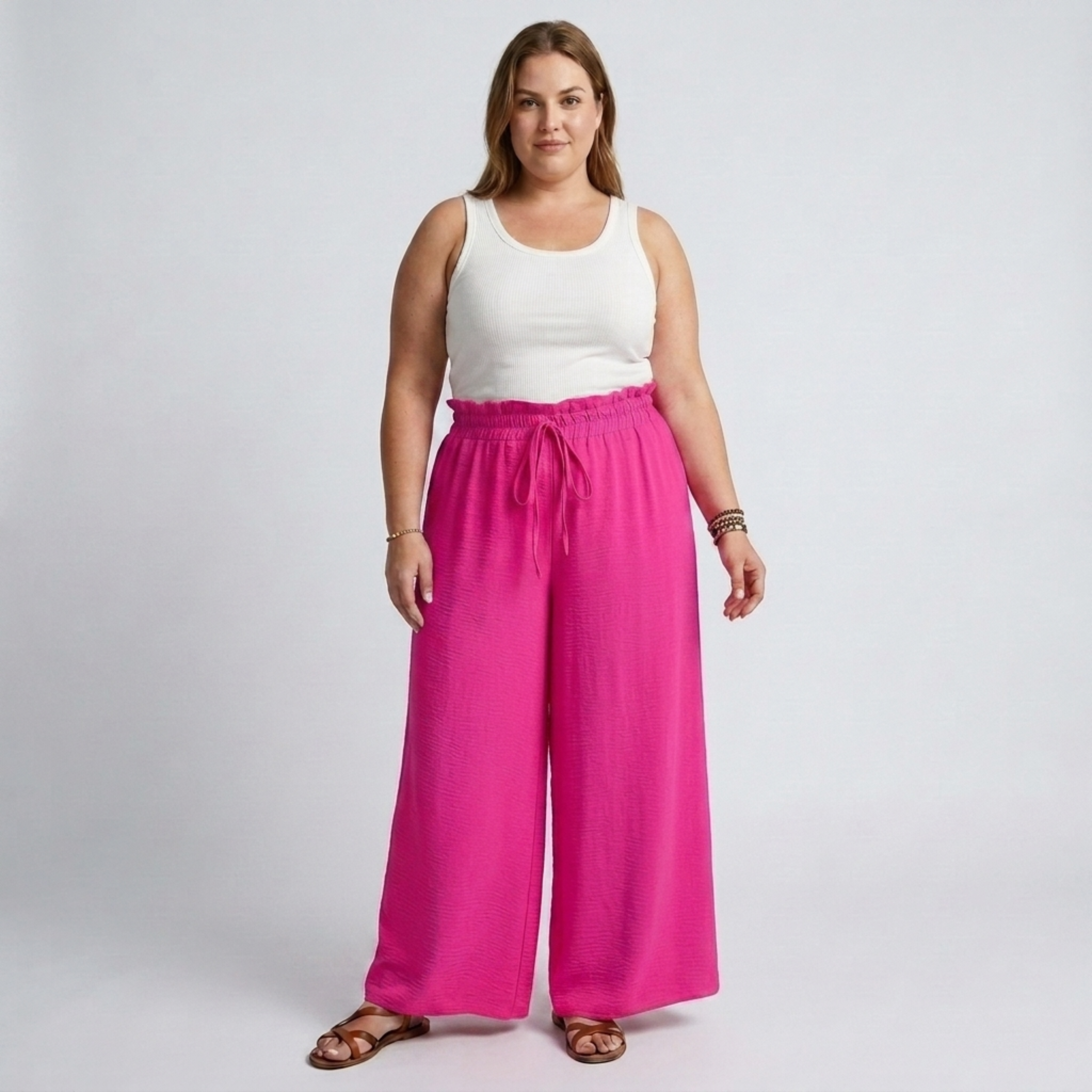 Wide large size pants for women with elastic waistband and drawstring