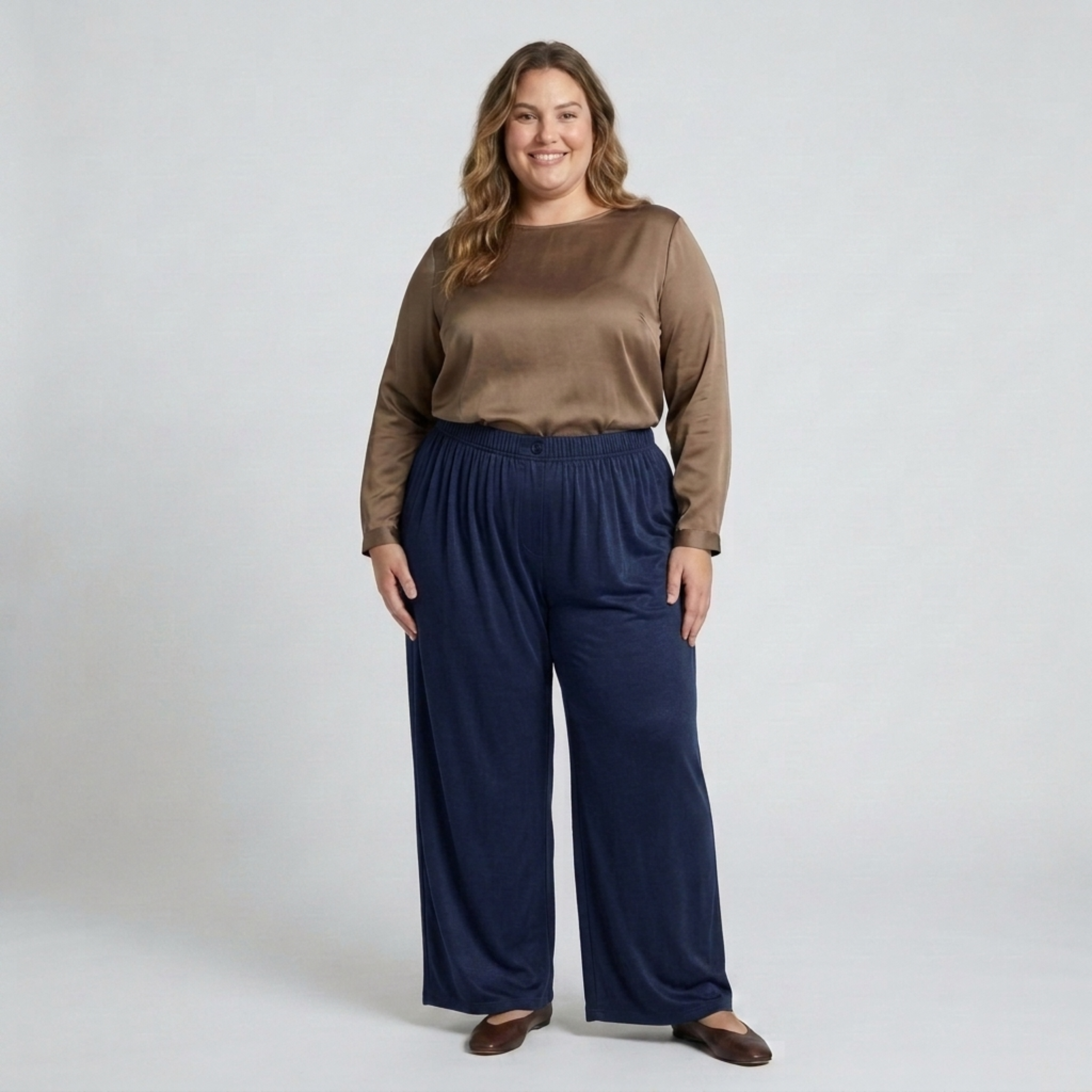 Wide large size pants for women with elastic draped fluid waist