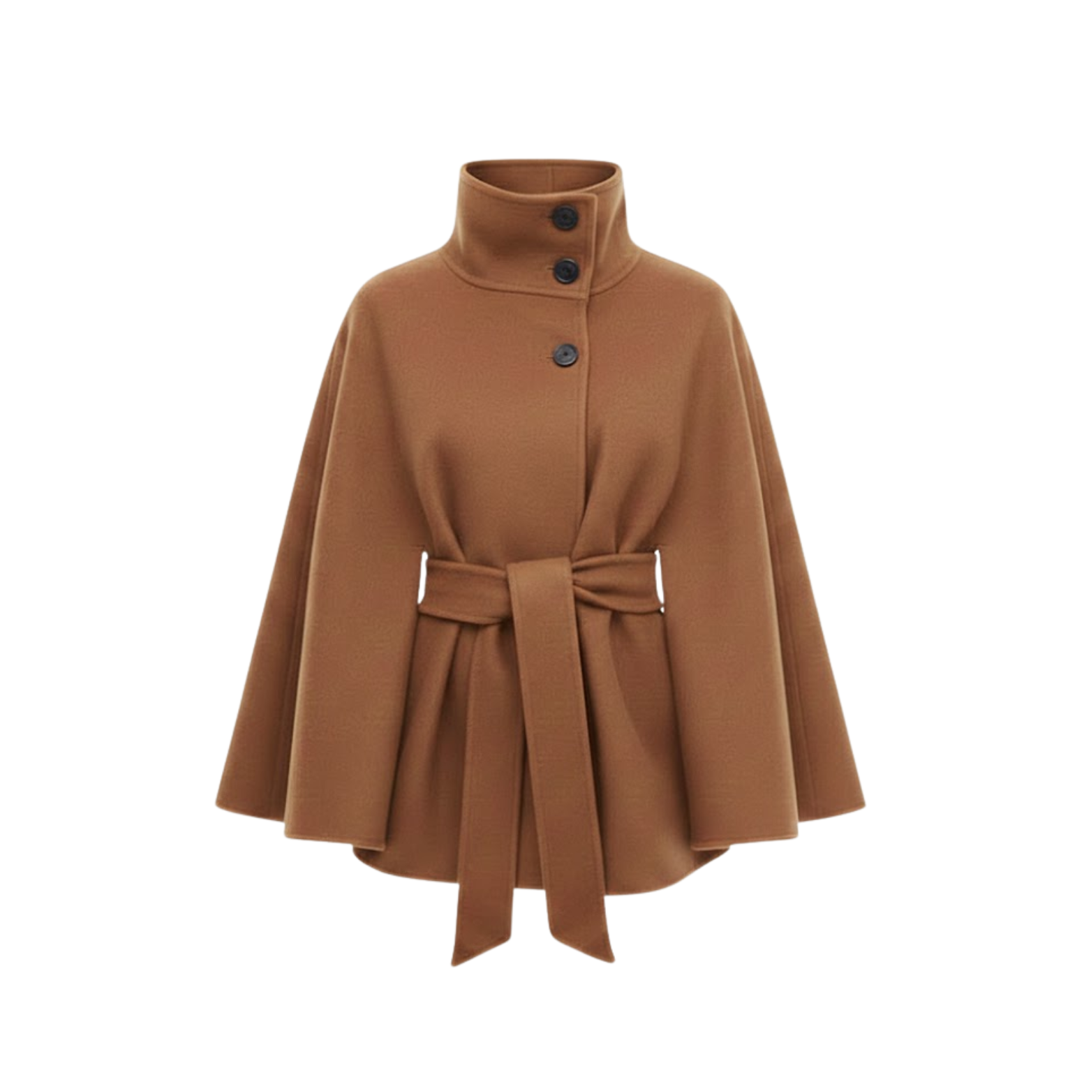 Structured cape coat with belt and standing collar