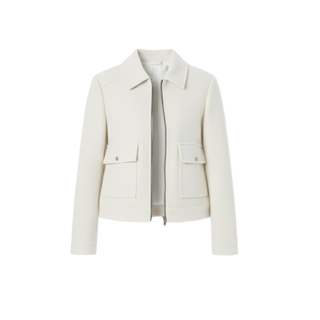 Women's short double-breasted jacket with tailored collar, stylish structured casual design