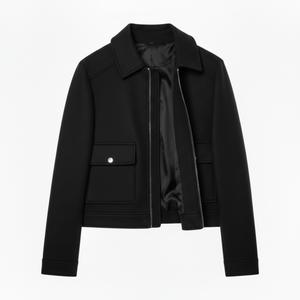 Short Polyester Jacket with Turn-Down Collar and Zipper Closure for Women