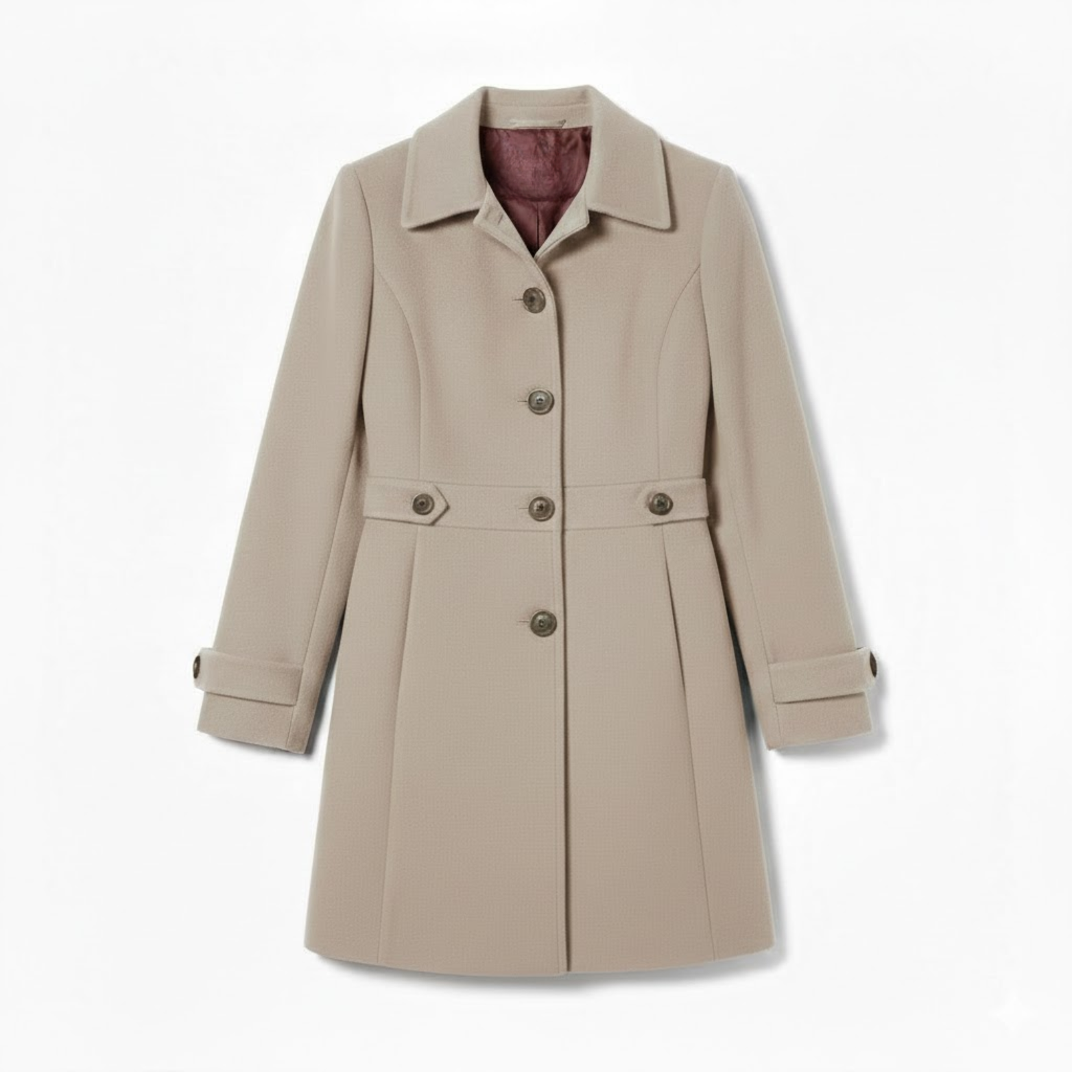 Mid-length wool coat with tailored collar and multiple buttons