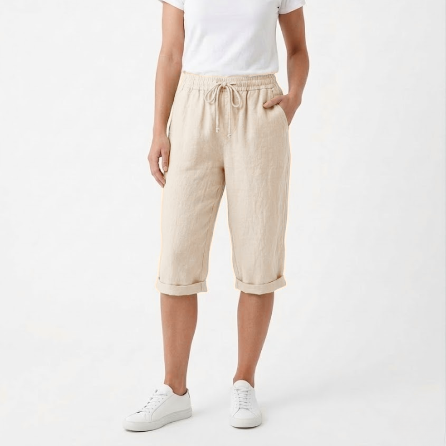 Cotton and Linen Shorts with Elastic Waist and Pockets for Women