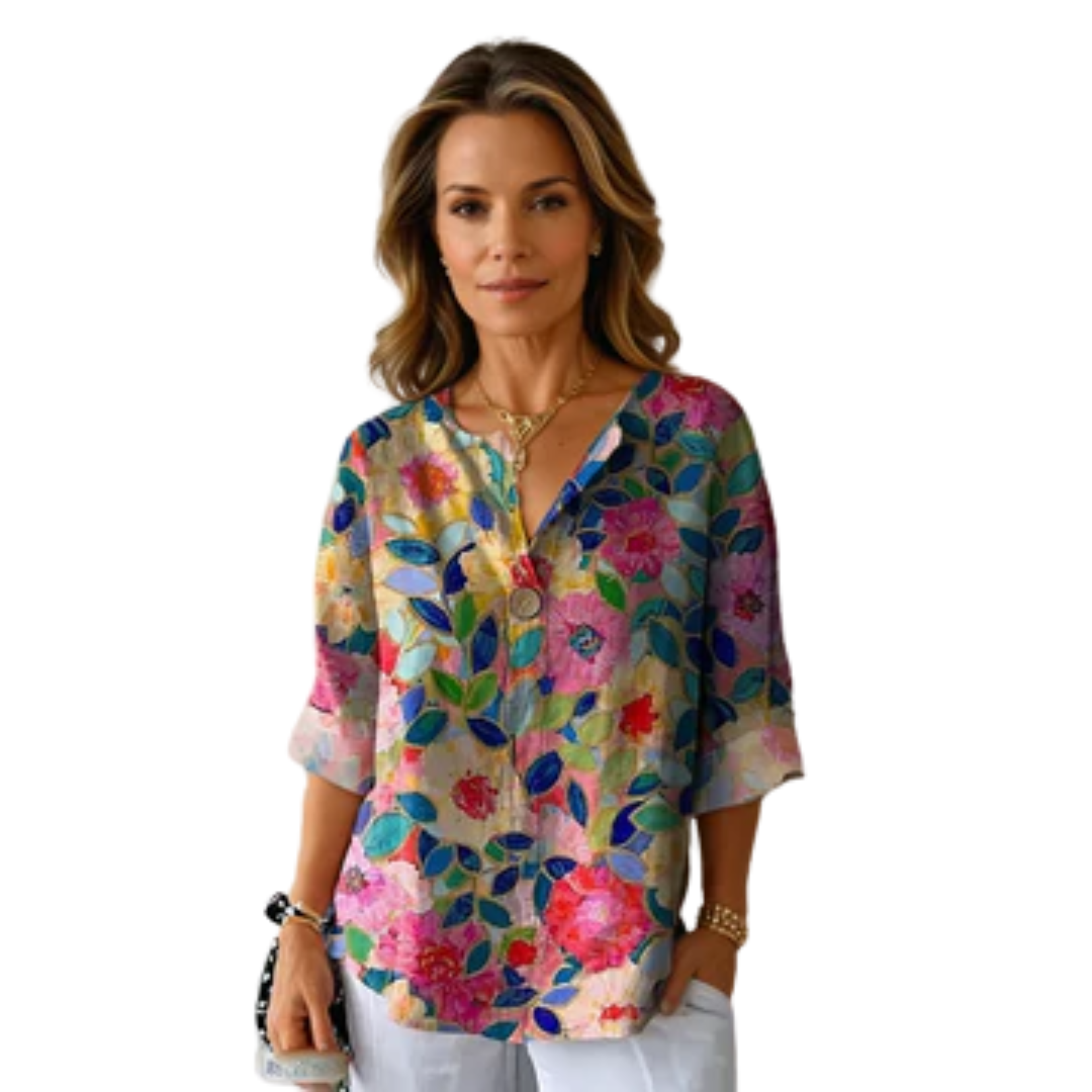 Floral print blouse — three-quarter buttoned sleeves — casual