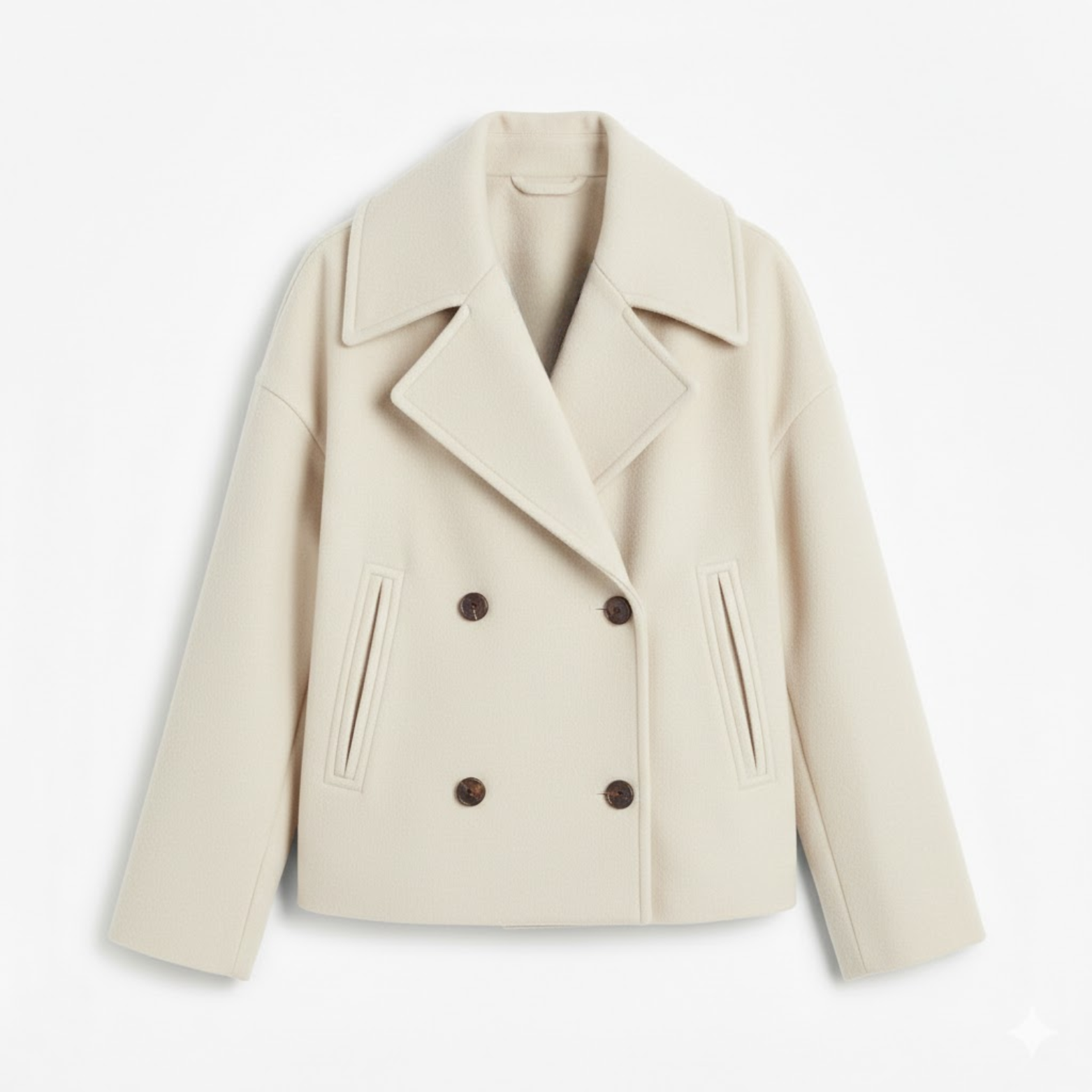 Short wool coat for women with double-breasted front and relaxed lapel collar