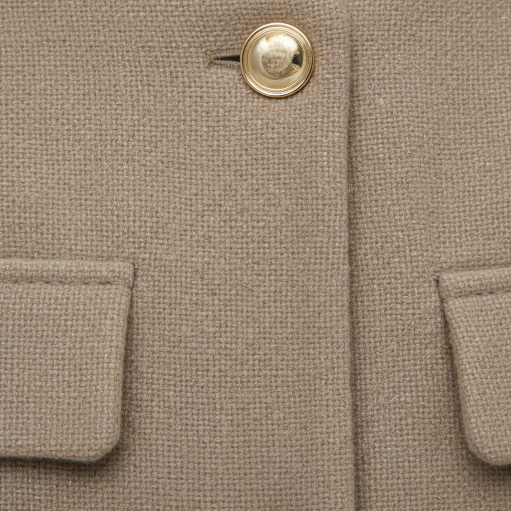 Polyester Round Neck Jacket with Gold Buttons and Pockets for Women