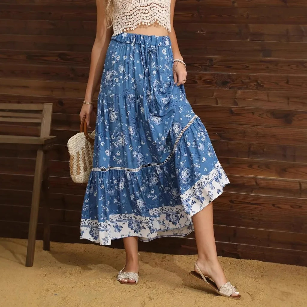 Flared skirt for women - mid-calf pleated bohemian style | festival