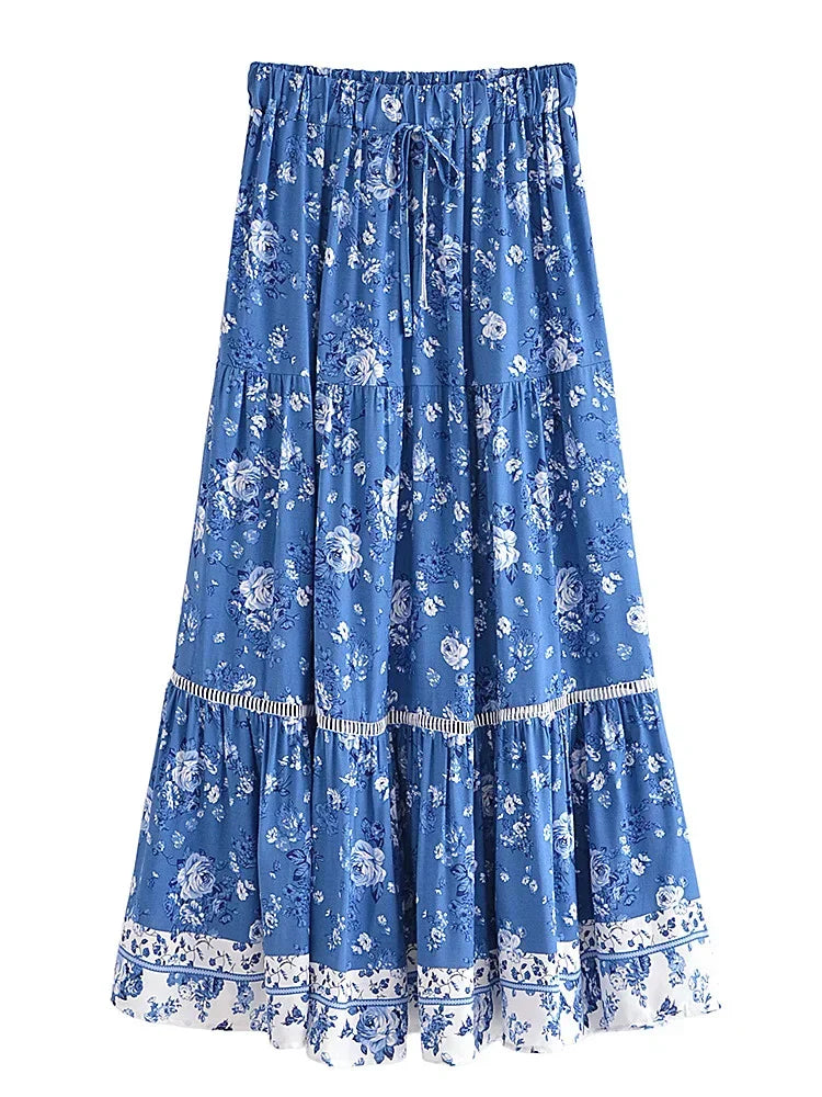 Flared skirt for women - mid-calf pleated bohemian style | festival
