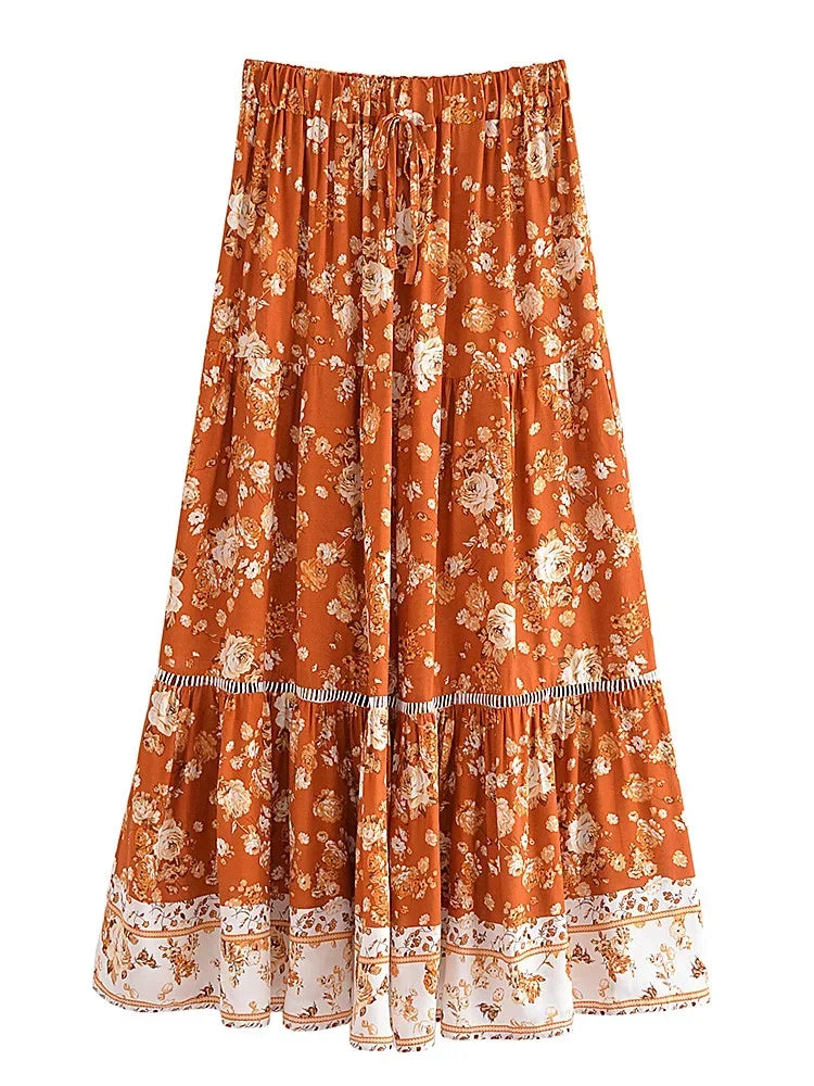 Flared skirt for women - mid-calf pleated bohemian style | festival