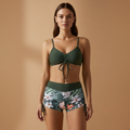 Women's beach outfit - patterned shorts swimsuit and tie-up top | vacation