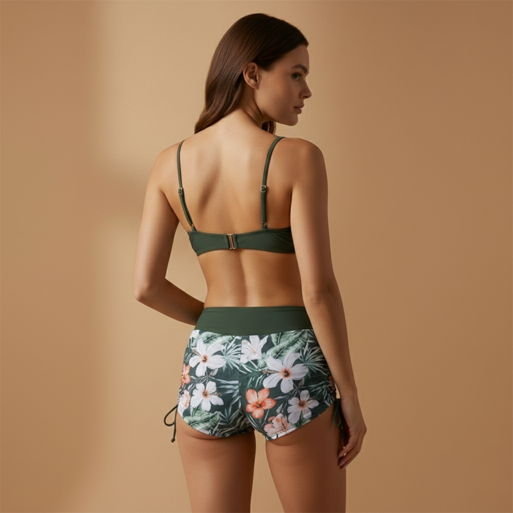 Women's beach outfit - patterned shorts swimsuit and tie-up top | vacation