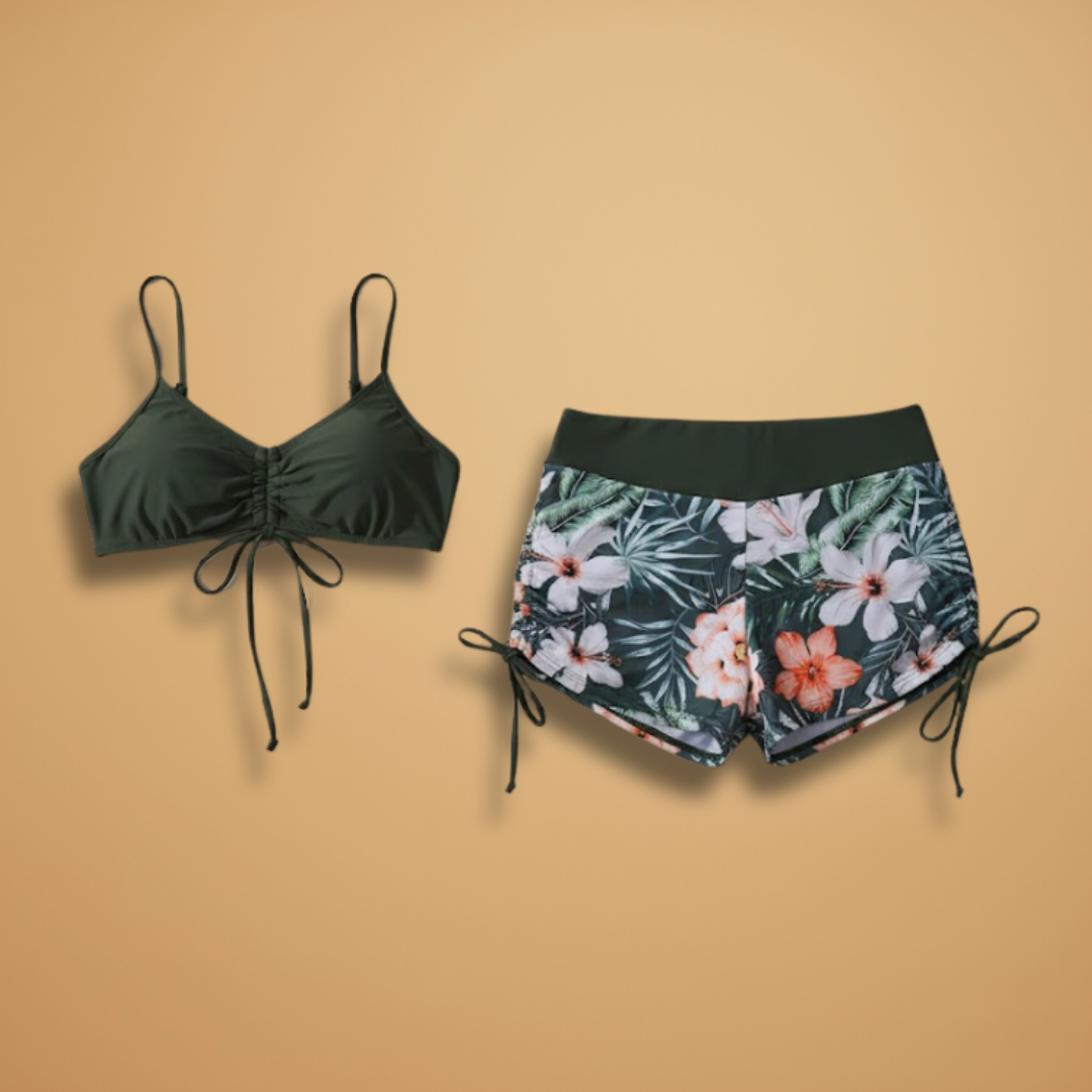 Women's beach outfit - patterned shorts swimsuit and tie-up top | vacation