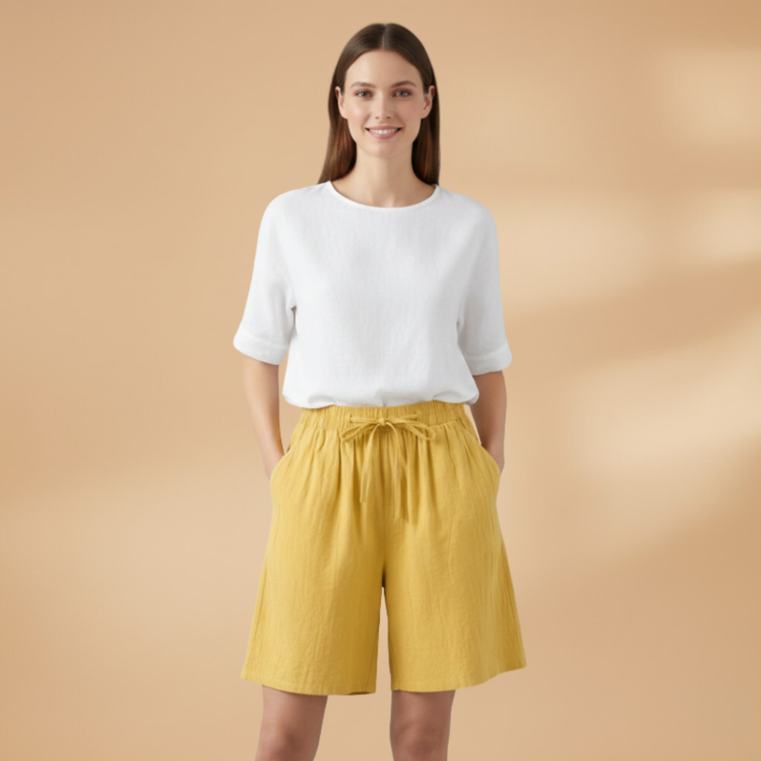 Short knee-length women's pants — wide short pants with gathered waist | vacation