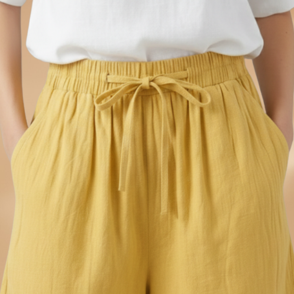 Short knee-length women's pants — wide short pants with gathered waist | vacation