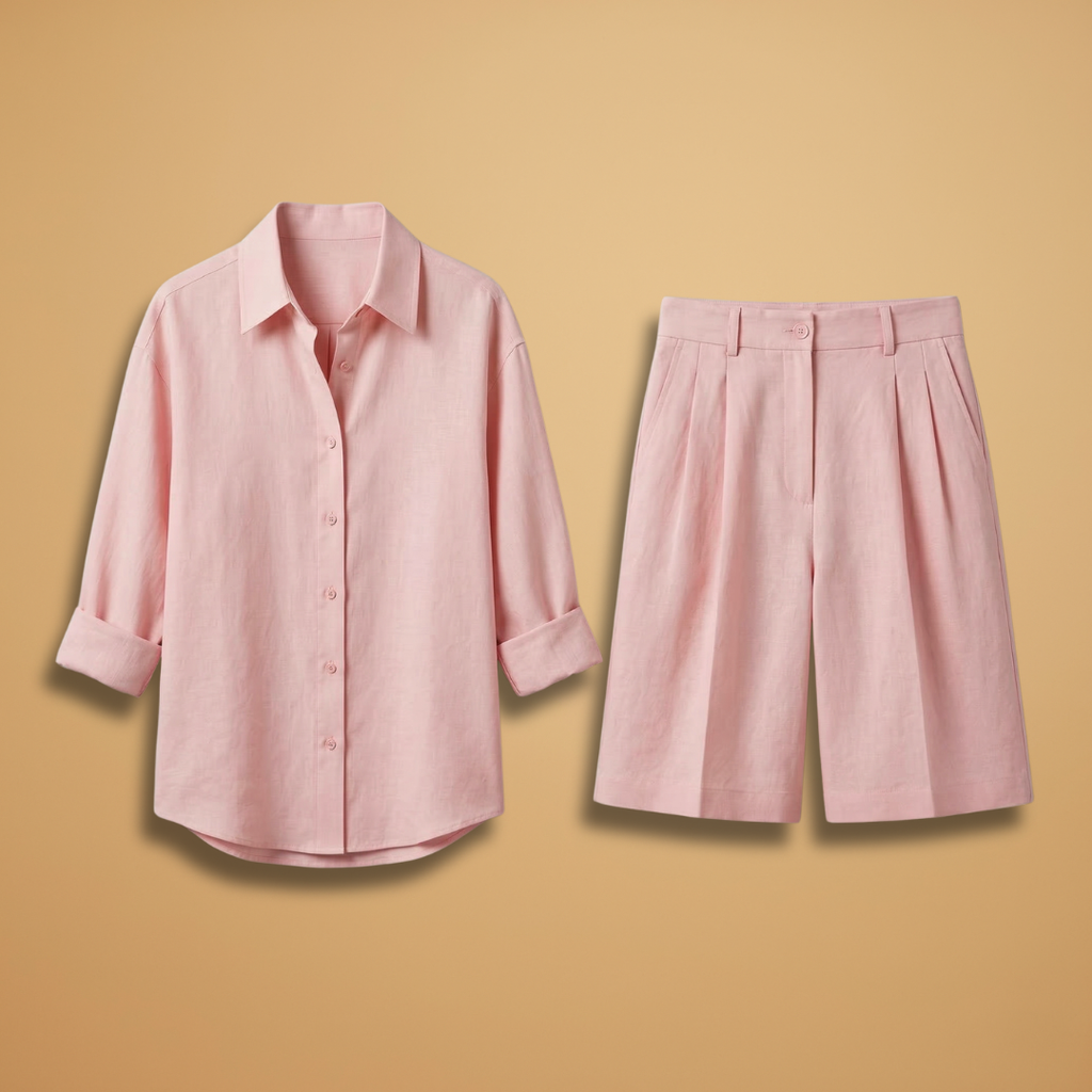 Women's shirt and short pants set - pleated outfit with pockets | vacation