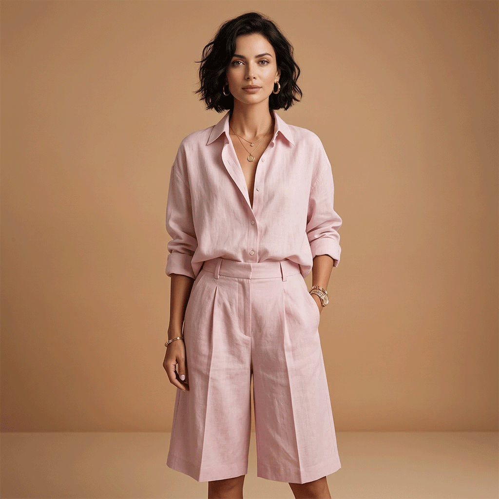 Women's shirt and short pants set - pleated outfit with pockets | vacation