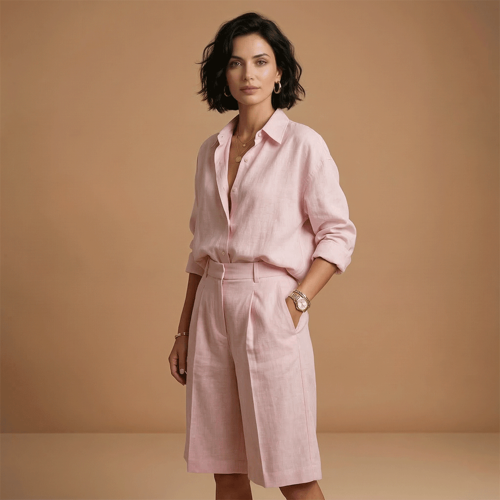 Women's shirt and short pants set - pleated outfit with pockets | vacation