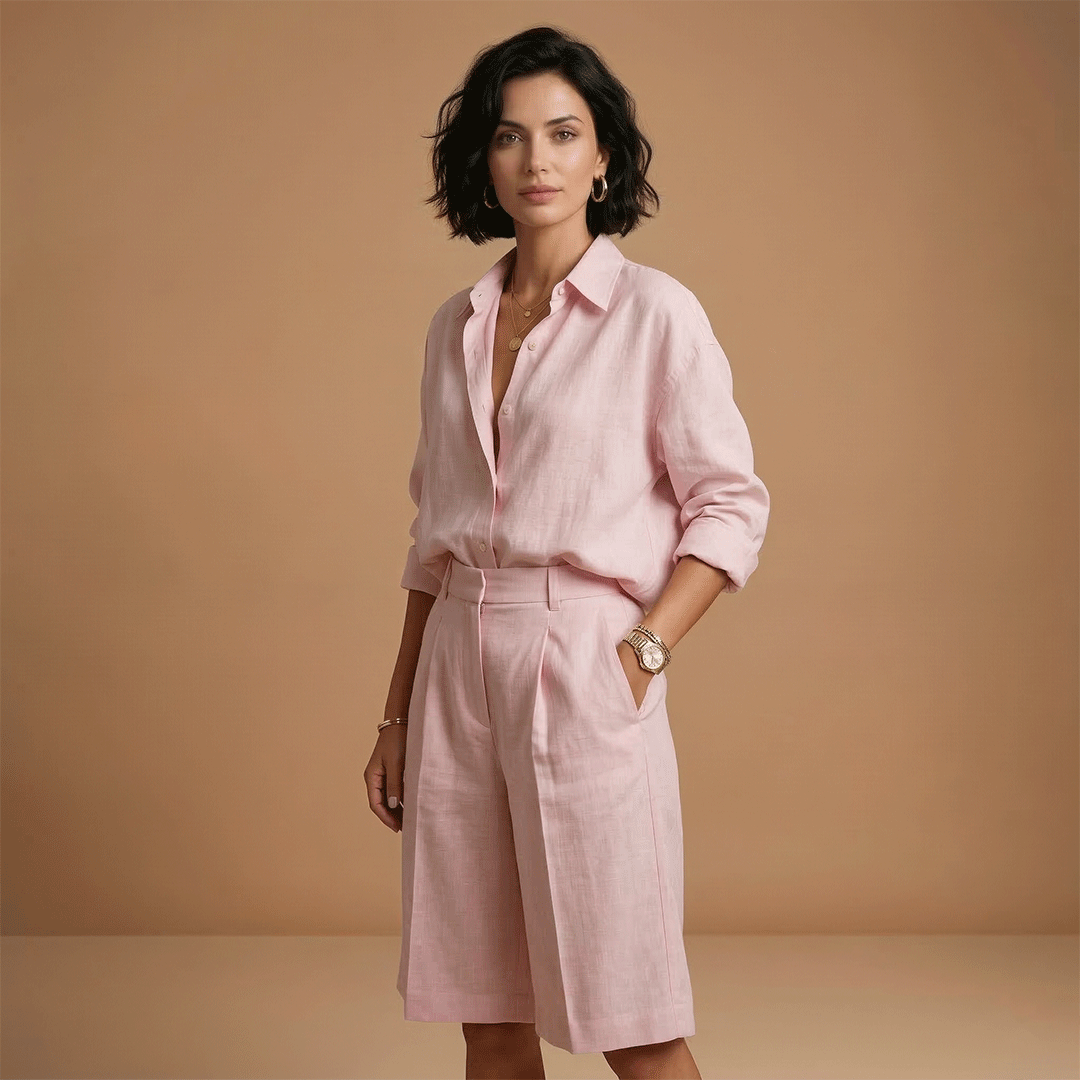 Women's shirt and short pants set - pleated outfit with pockets | vacation
