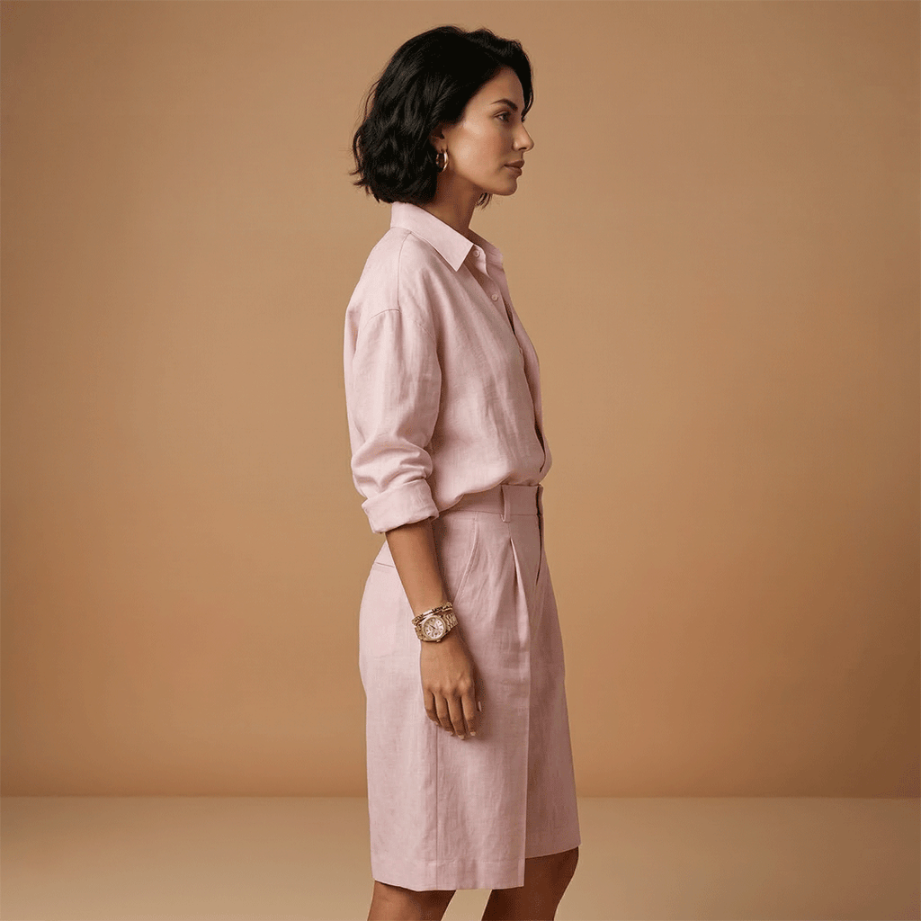 Women's shirt and short pants set - pleated outfit with pockets | vacation