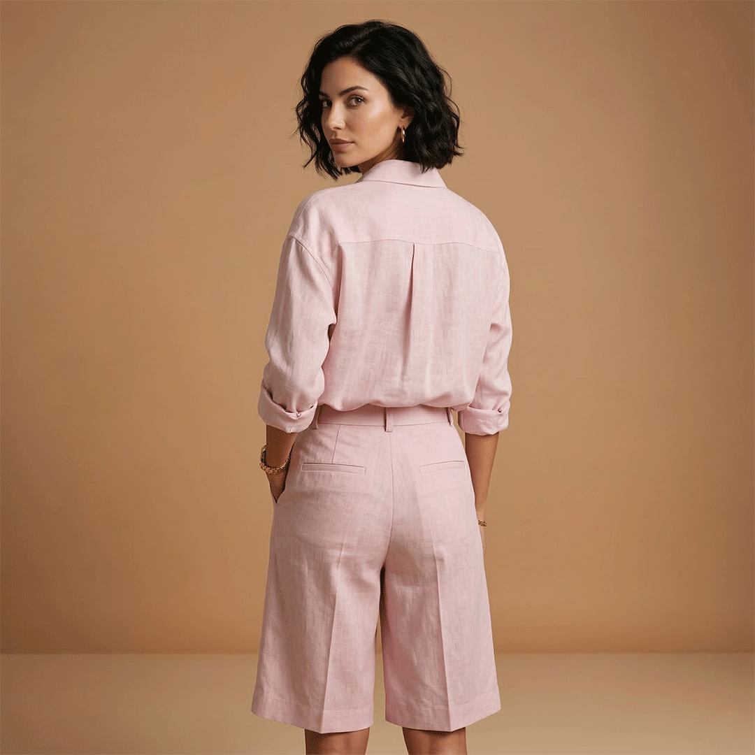 Women's shirt and short pants set - pleated outfit with pockets | vacation