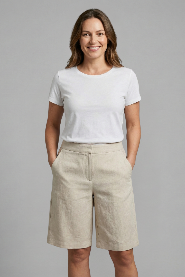 Linen bermuda shorts for women — straight elastic waist without back pocket | vacation