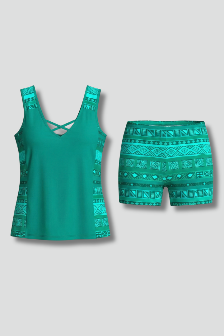 Two-piece women's swimsuit — V-neck tankini with geometric print